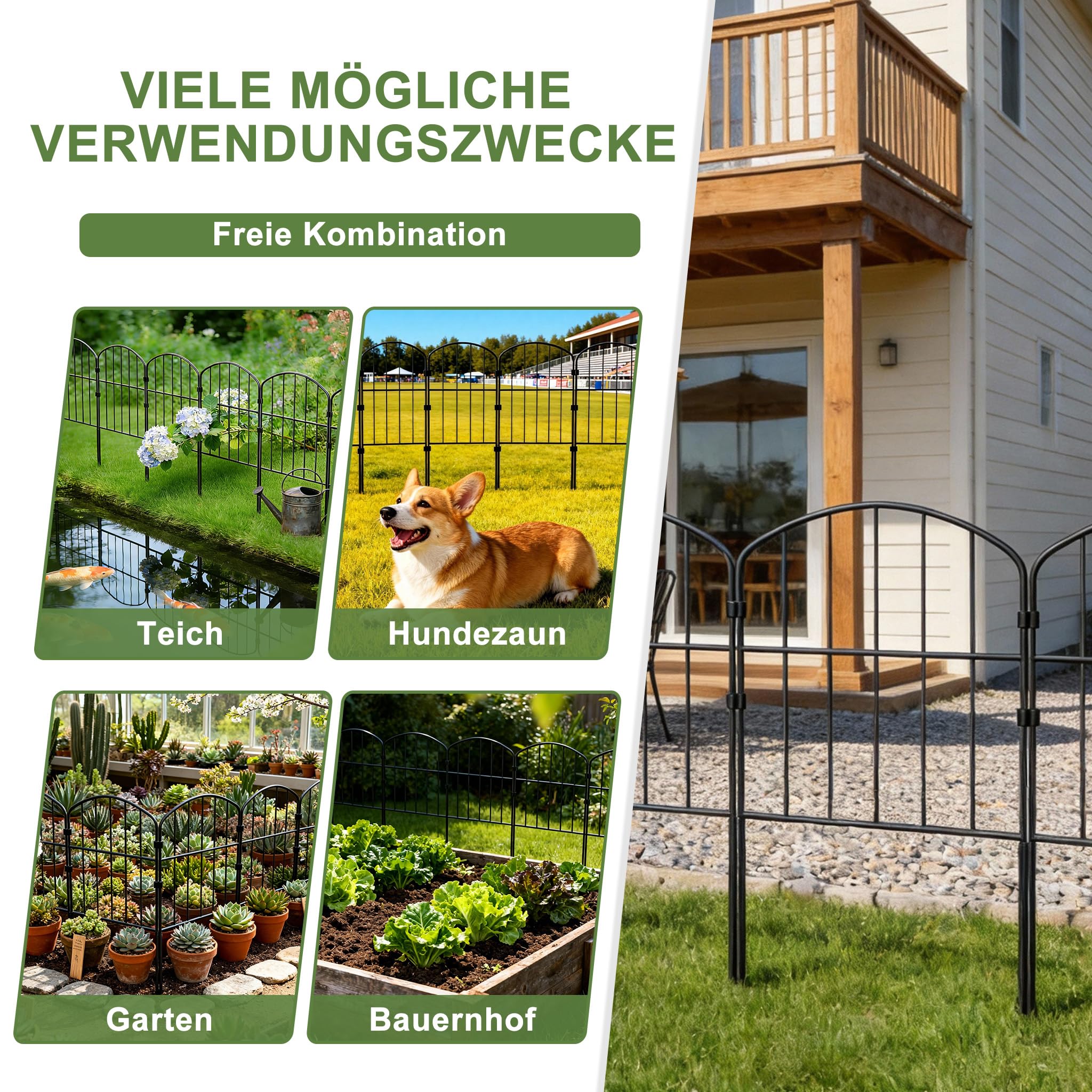 YRHome 25-częściowy metalowy płot, łuk dekoracyjny, bez kopania, zaciski + paliki, ogrodzenie dla psów, ogród/staw/patio/kemping