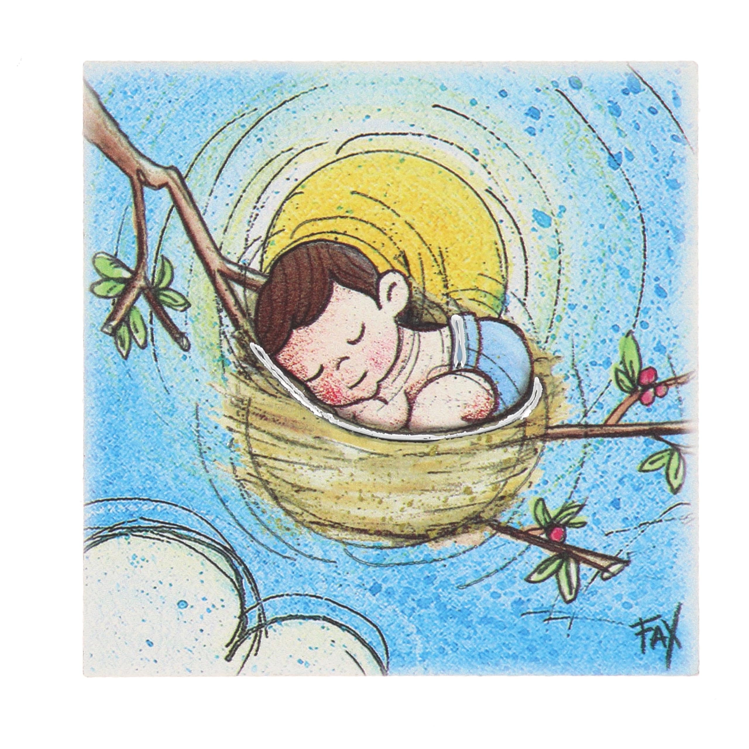 SHALOM - Souvenirs Baptême/Naissance Bébé - Tableau en résine avec détails argentés. Dimensions : 10 x 10 cm