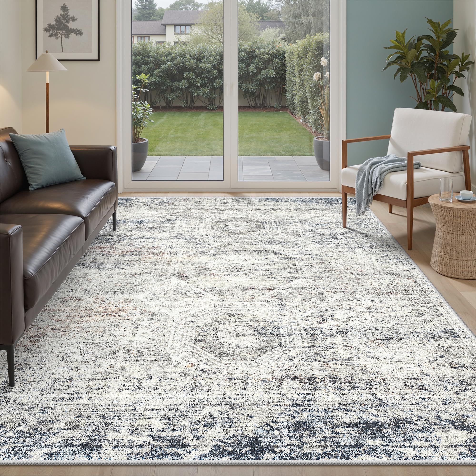 Soalmost 5x7 Area Rugs Blue/Ivory Low Pile Washable Trendy Faded Style Rug | Vintage Non-Slip Indoor Accent for Bedroom Dining, Foldable Stain Resistant Floor Carpet Mat Under Table Home Office Decor Blue/Ivory 5' x 7' (Rectangular)