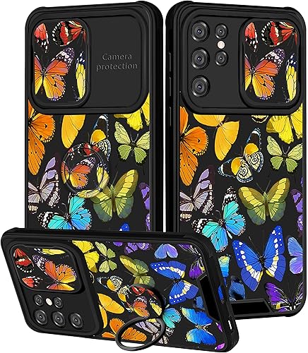 Goocrux Funda 2 en 1 para Samsung Galaxy S21 Ultra con diseño de mariposas para mujeres y niñas, con cubierta deslizante para cámara y soporte de