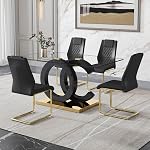 Ebullient Ensemble de table à manger en verre 6, Ensemble de table de cuisine en verre trempé moderne avec OC Jambe de conception et base en métal, 7 Ensemble de table à manger en pièce avec 6 PU Chaises rembourrées en cuir pour cuisine