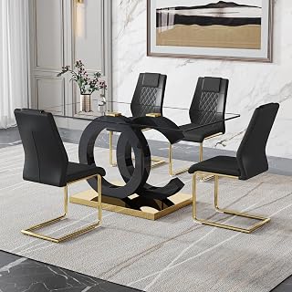 Ebullient Glass Dining Table Set for 4 ,5 Piece Dining Table and Chairs Set,Glass Table Top and Gold MDF Base,Modern Rectangular Dining Room Table with 4 Black PU Leather Upholstered Dining Chairs