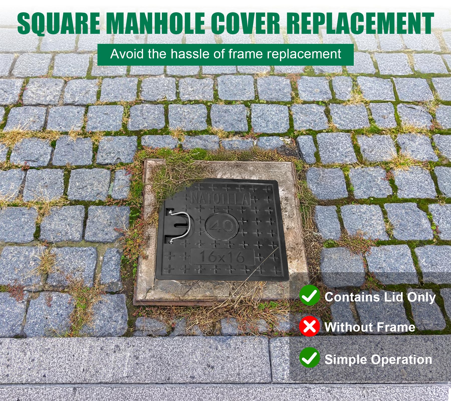 NATOTELA Manhole Cover and Frame Fiberglass,Cover Size 400x400mm/Overall size 465x465mm Square Drain Cover Access Inspection Reinforced Steel Embedded Sewer Cover with Handles Non-slip Solid Black - Image 3