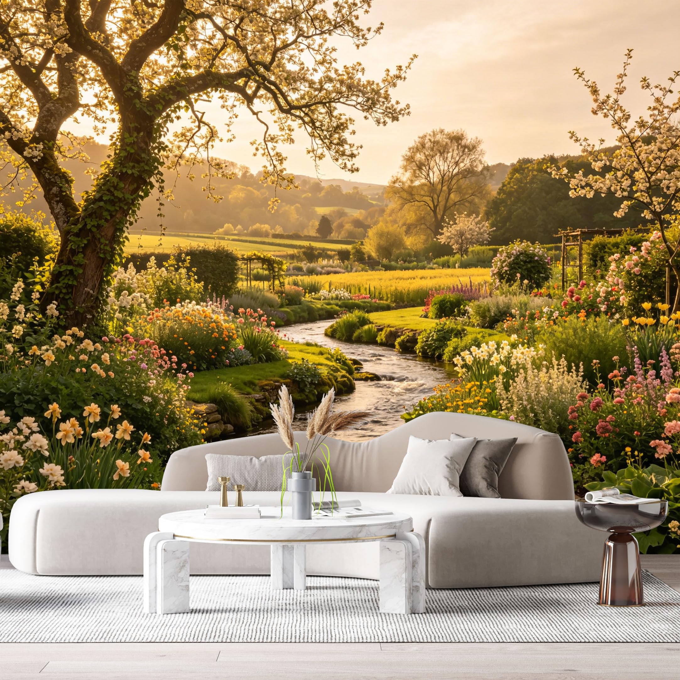 Custom Size Wall Murals Sunset River Landscape Botanical Oil Painting Flowering Trees Floral Bloom Meadow SelfAdhesive Wall Fabric Removable Large Wallpaper for Photo Living Room