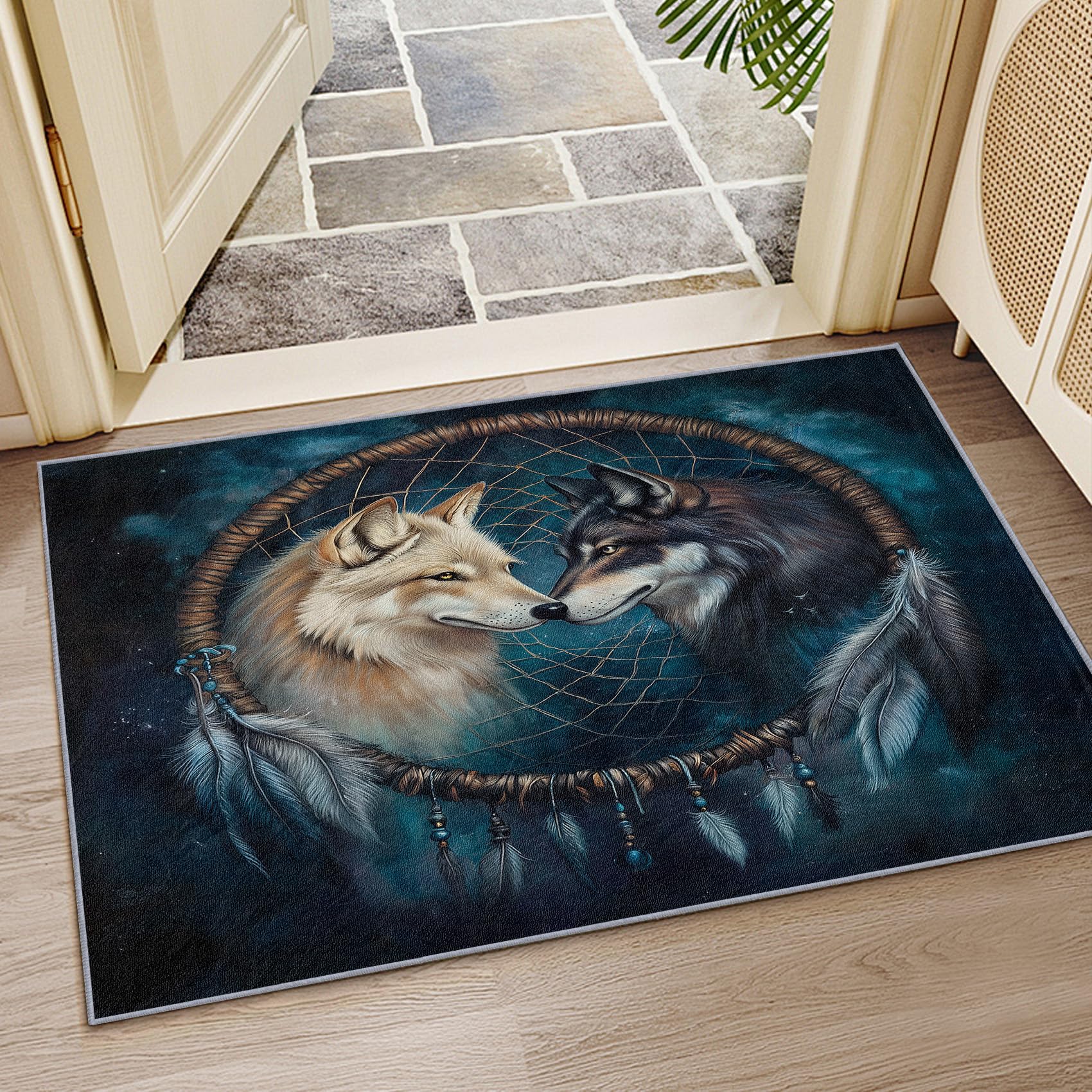 Wolf Teppich Waschbar, Indianische Wölfe Teppich 80x150 cm, Tiere rutschfest Waschbar Pflegeleicht Teppiche Für Schlafzimmer Küche, Dunkelblau