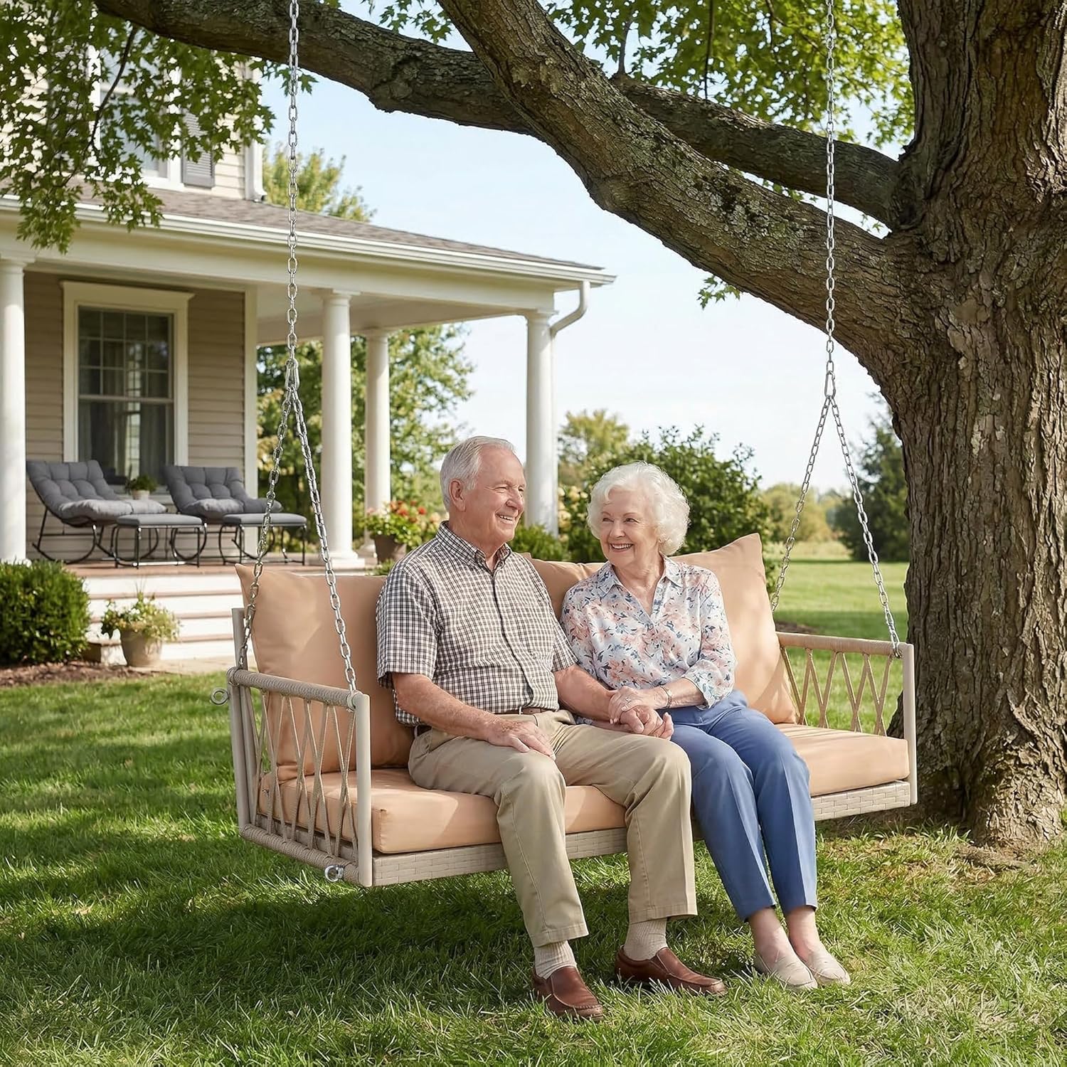 Wicker Porch Swing, Upholstered Outdoor Hanging Swing with Steel Chains, All Weather Patio Swing Bed with Armrests, Heavy Duty 600 LBS Swings Bench Chair for Lawn/Yard/Garden, Brown