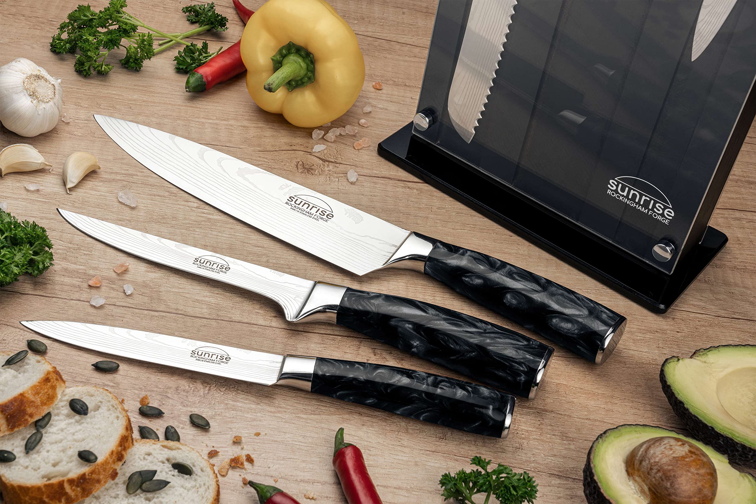Rockingham Forge Sunrise Collection Zestaw 3 wysokiej jakości noży kuchennych ze stali nierdzewnej z rękojeściami z żywicy - nóż szefa kuchni, nóż do obierania i nóż do chleba