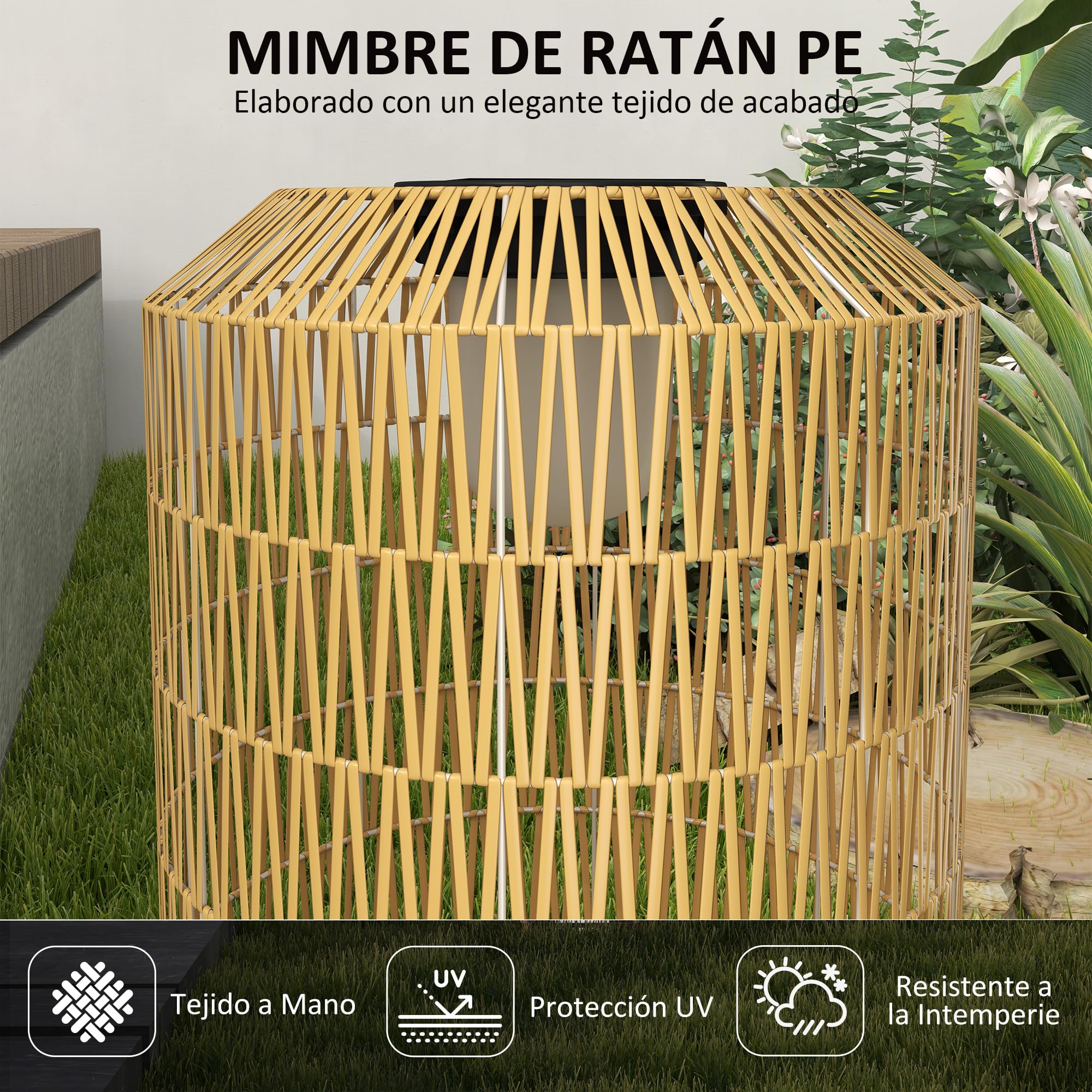Outsunny Linterna de Jardín de Ratán Sintético Farola Solar con Luces LED Encendido y Apagado Automático Impermeable Estilo Bohemio para Patio Terraza Balcón Ø30x55 cm Natural
