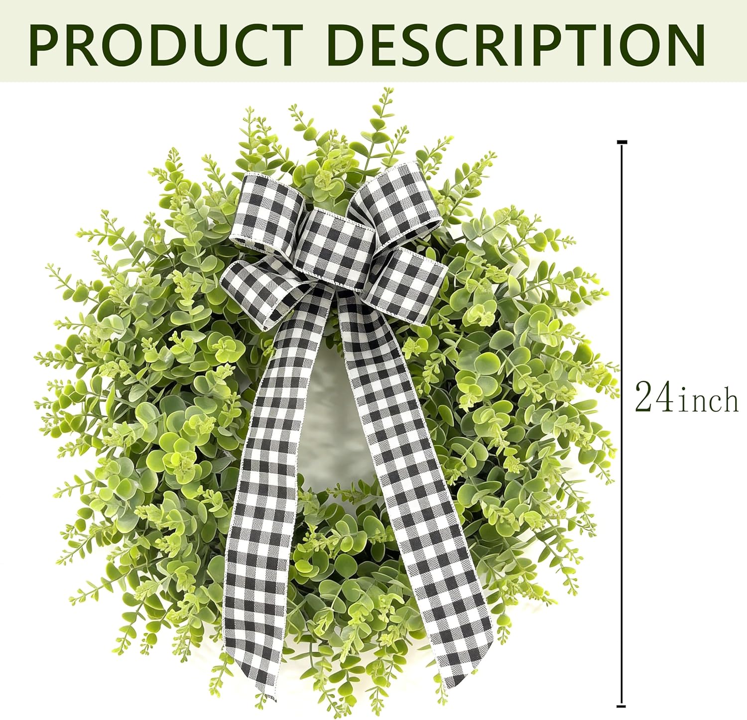 24" Faux Boxwood Wreath for Front Door, Artificial Large Greenery Wreath with Plaid Bow for Porch, Window, Wall Hanging, Farmhouse Wedding Indoor Outdoor Decor - Spring, Summer, Fall, All Seasons