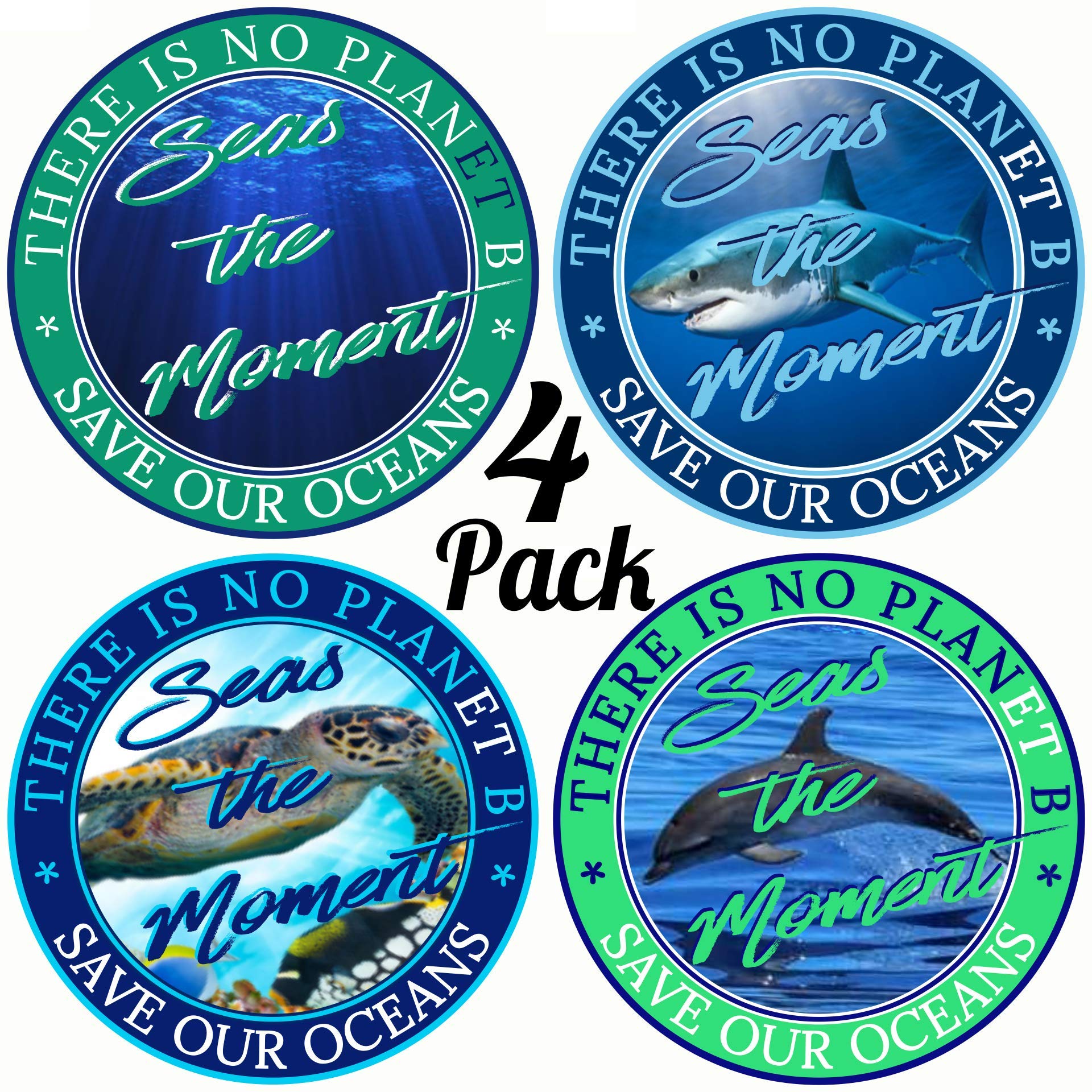 Premium Vinyl Save The Oceans Bumper Stickers 4-Pack - Climate Change Stickers | Seas The Moment - Save Sea Life Decals for Cars + Sticks Anywhere Go Green Recycle Save Earth Large 3" x 3" 4 Pack