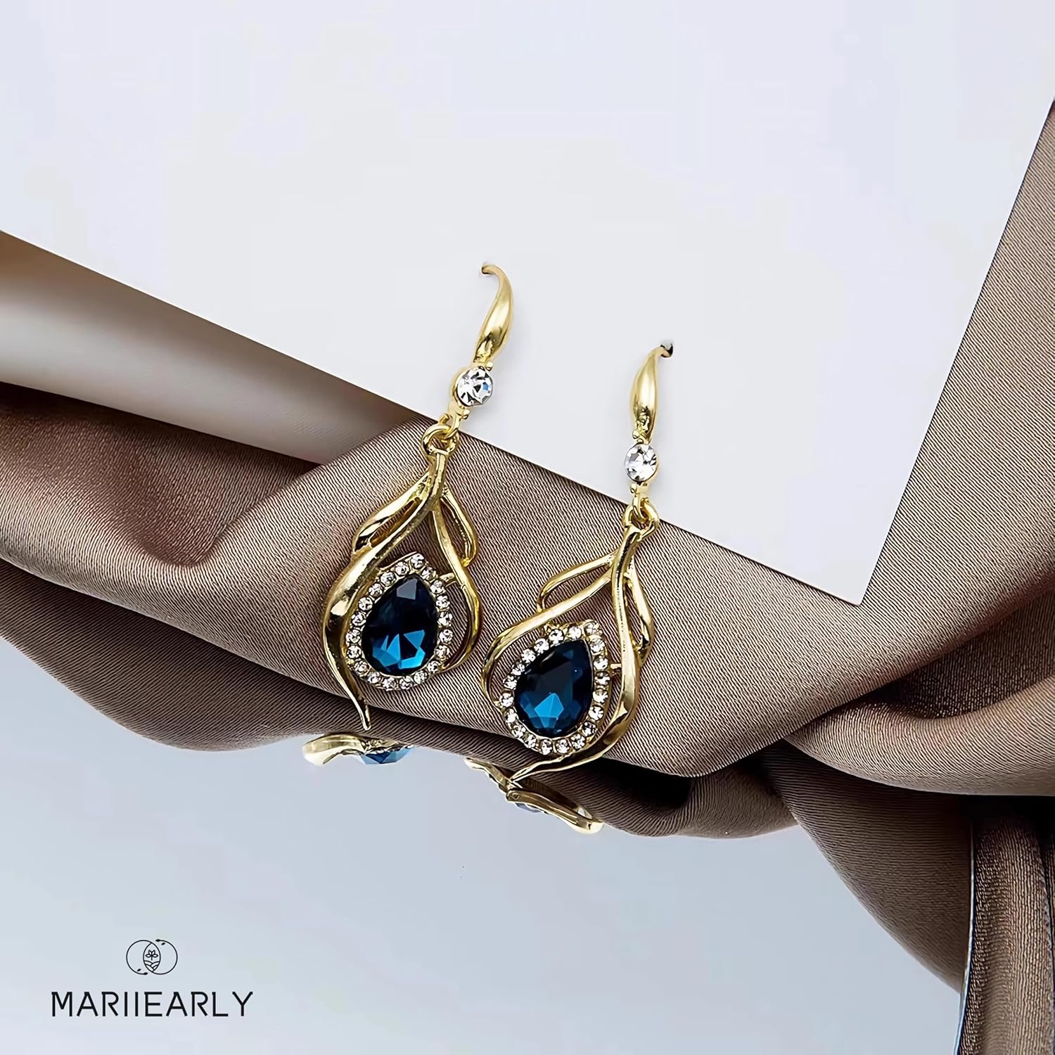 Blue Sapphire Earrings For Women; Blue Yellow Gold Earrings 14k Gold Hollow Teardrop Dangle Earrings Birthstone Earrings Navy Blue Crystal Dangle Earring Dangle Jewelry Gifts - Image 3