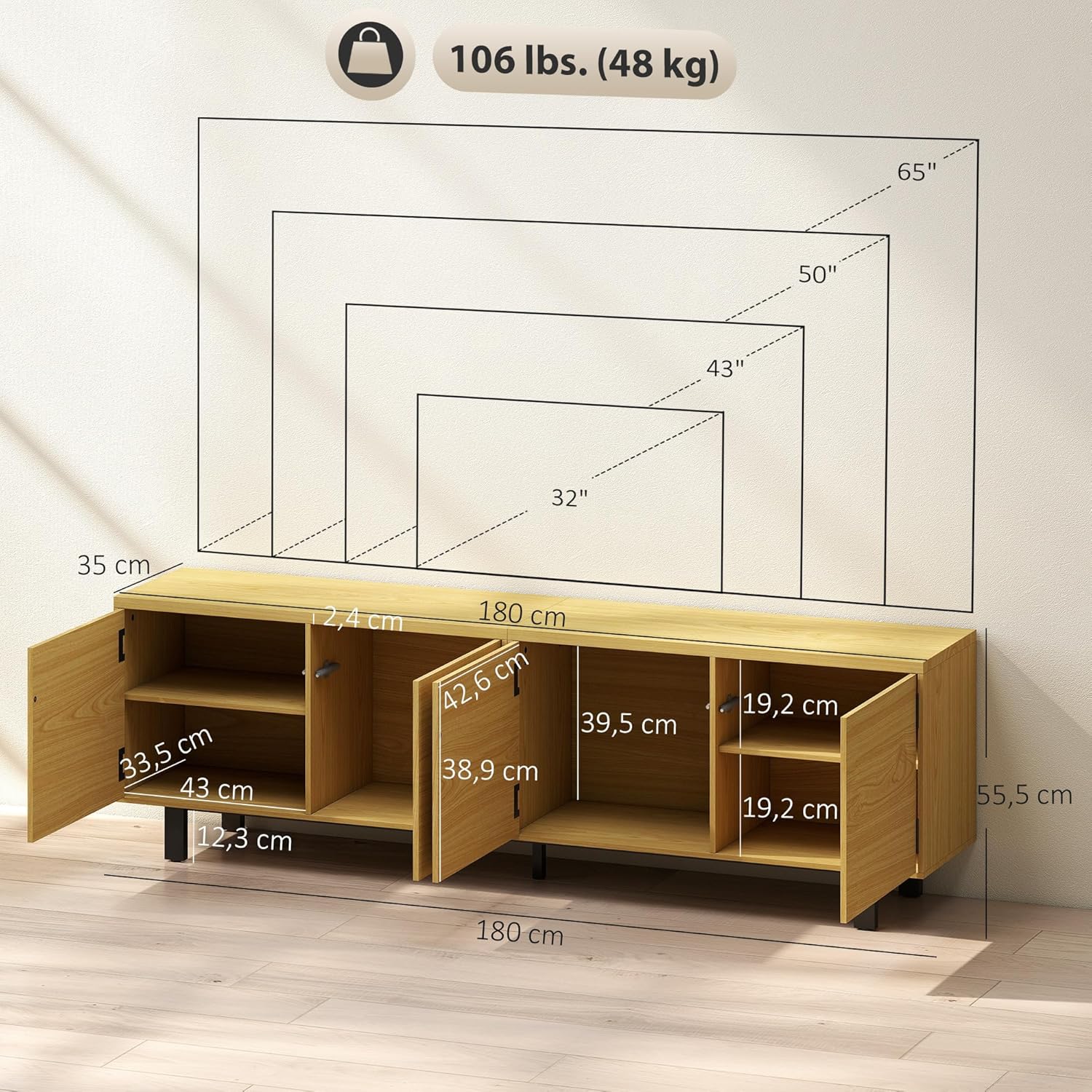 Diagram showing the dimensions and internal structure of the HOMCOM TV unit