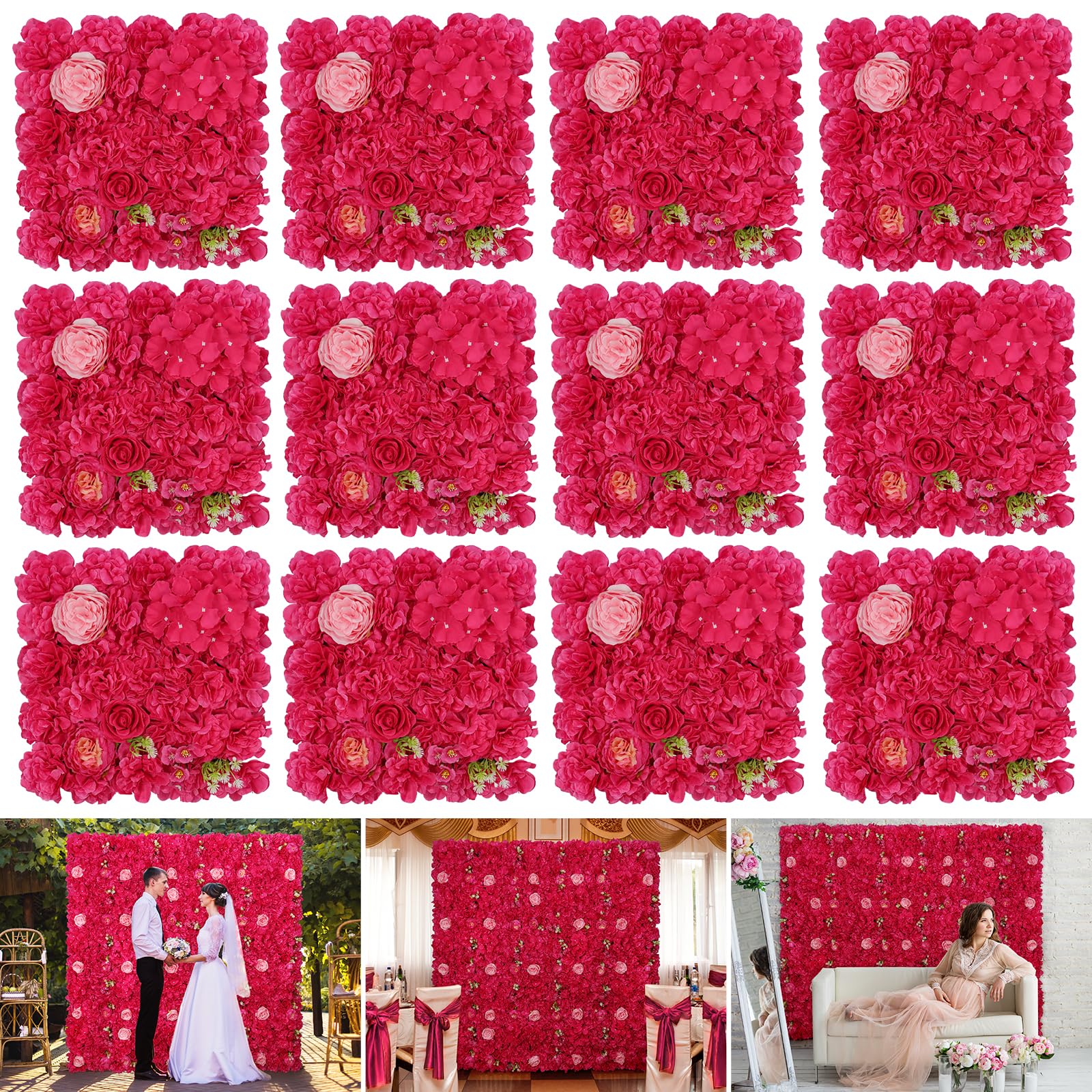 RIDDSEE Silk Flowers Wall Rose Red-12Pack Artificial Floral Wall Panels Faux Hydrangea Peony Flower Panels for Wedding Party Event Thanksgiving Decor Photography Home Decor