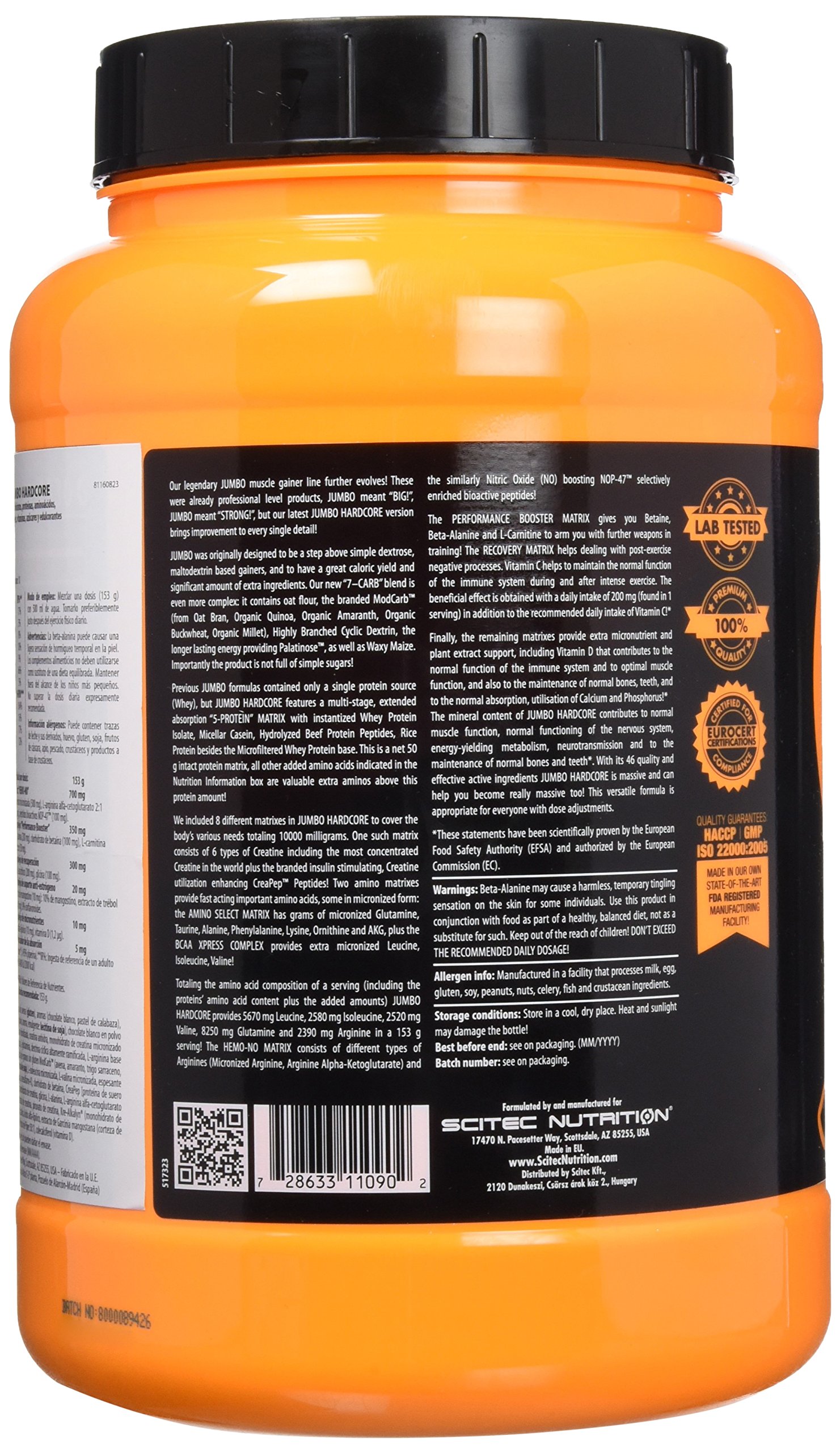 Scitec Nutrition Jumbo Hardcore, Aromatyzowany napój białkowy w proszku zawierający węglowodany, kreatynę, 1530 g, chrupiąca biała czekolada