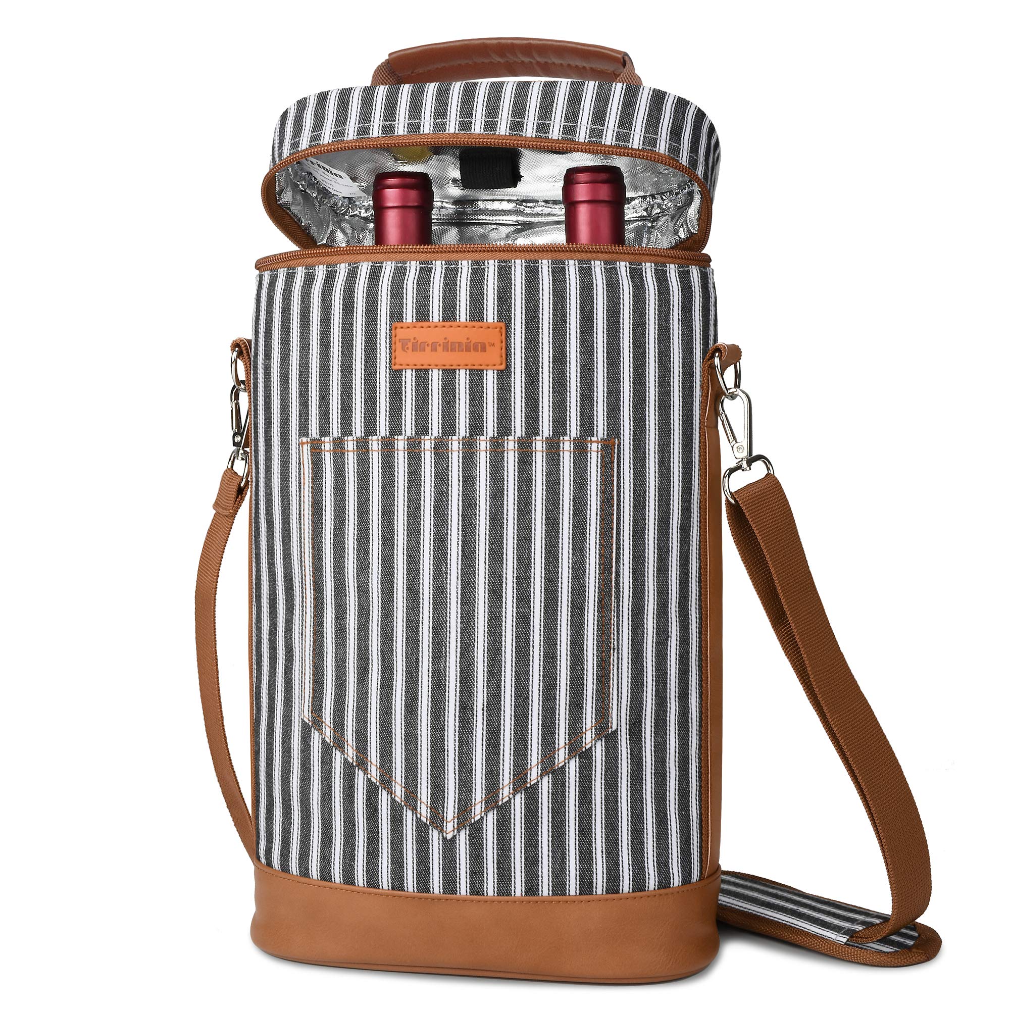 Tirrinia 2 Bottle Wine Gift Tote Carrier - Insulated & Padded Versatile Cooler Bag for Travel, BYOB Restaurant, Wine Tasting, Party, Great Gift for Wine Lover, Black Stripe
