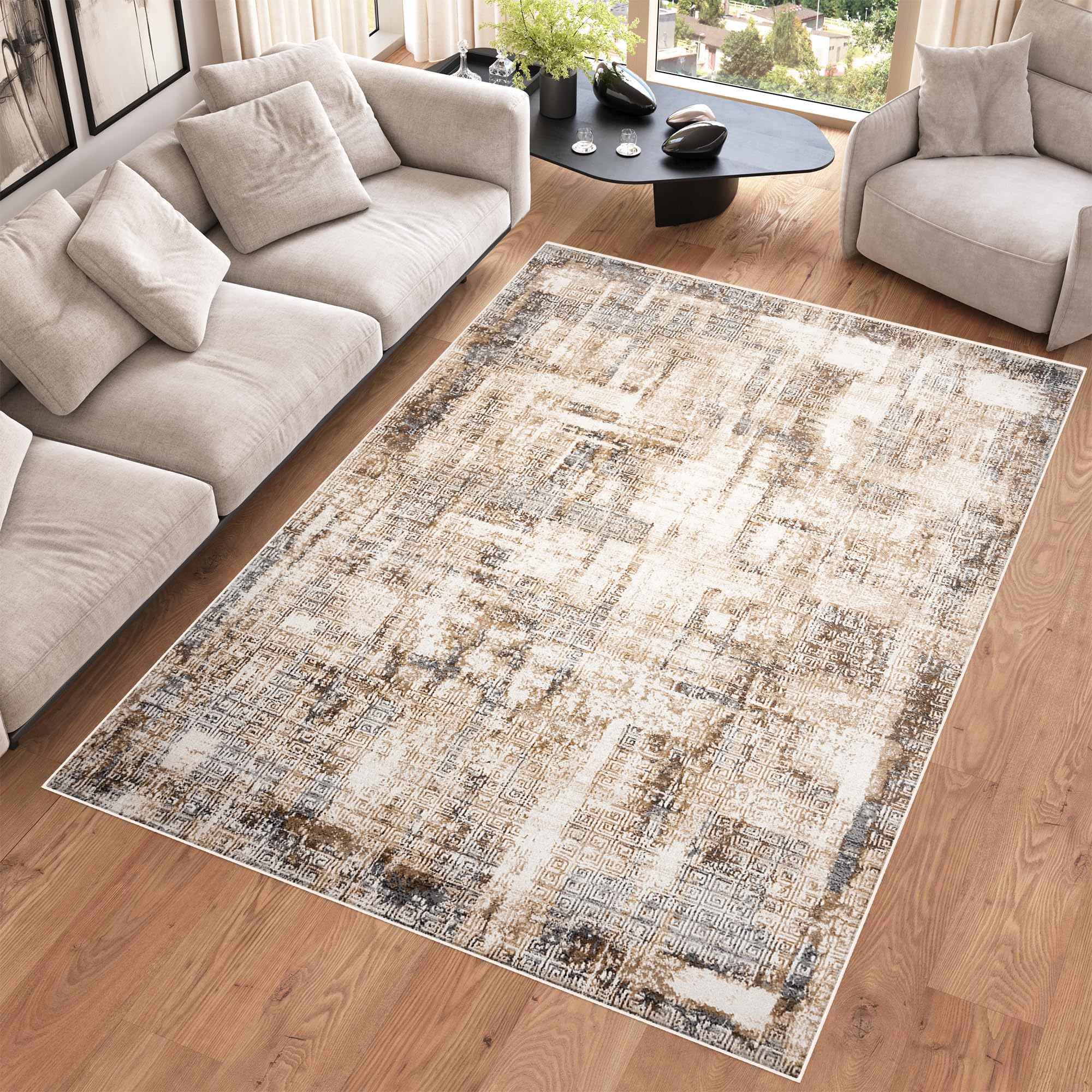 Tapis poil court 120x170 cm TAPISO Hera marron gris géométrique