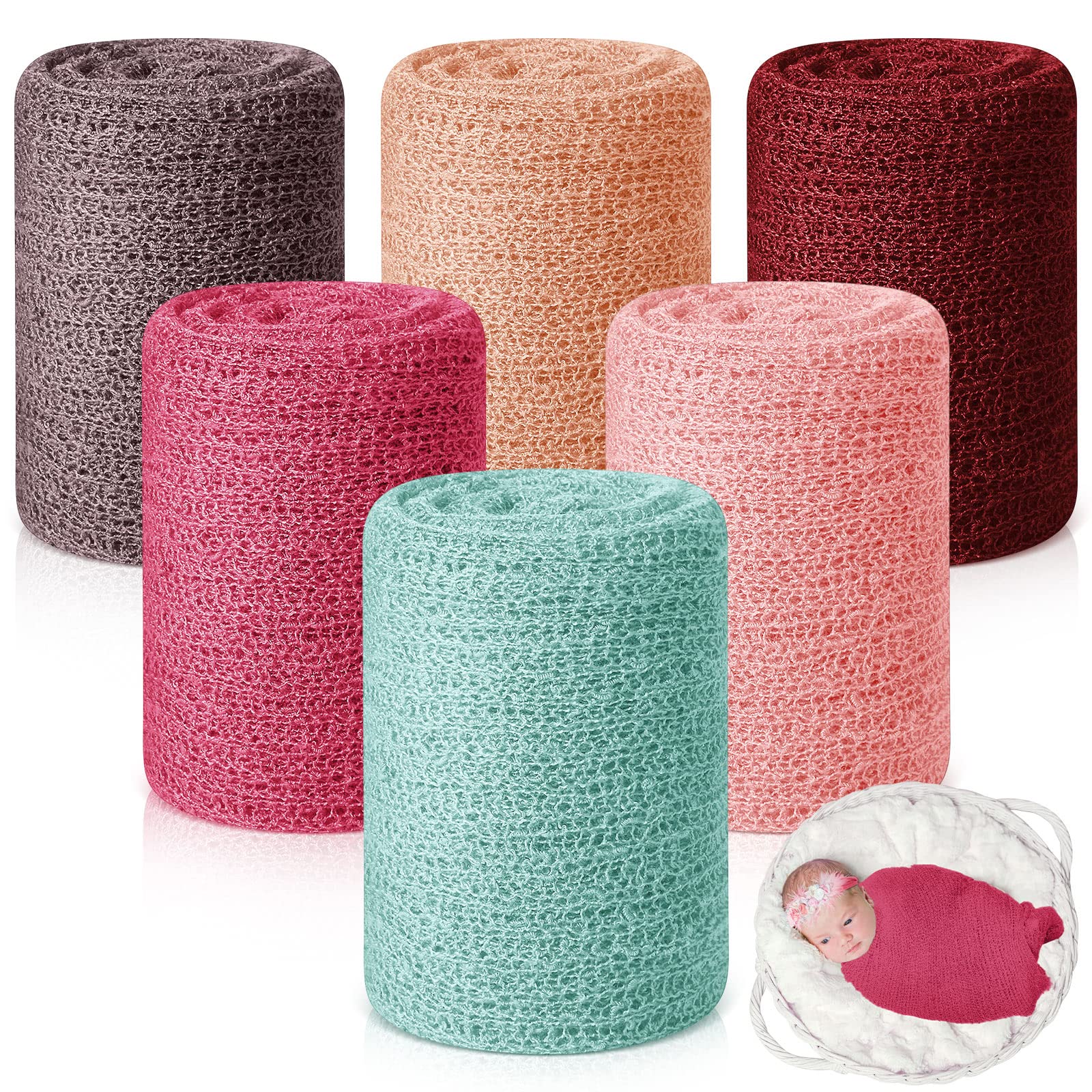 Tudomro 6 Pcs 15.8 x 59'' Newborn Baby Stretch Wraps Set 6 Colors Baby Photography Props Unisex Newborn Long Ripple Wrap Photo Blanket for Girl Boy