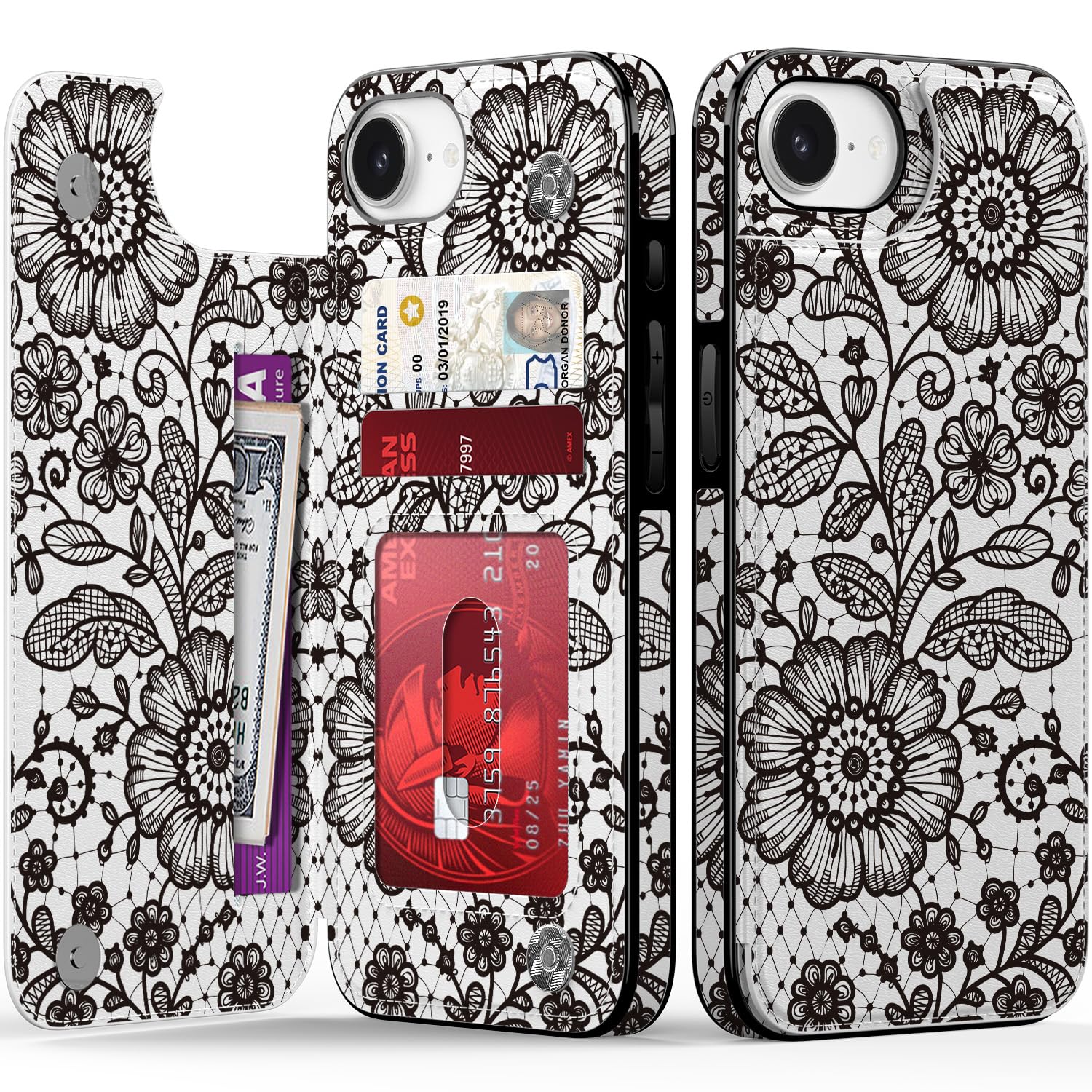 Goodon for iPhone 16e Case Wallet - Flip Folio Leather Cover with Trendy Floral Design, 3 Card Slots & Kickstand Function, Stylish Protective Phone