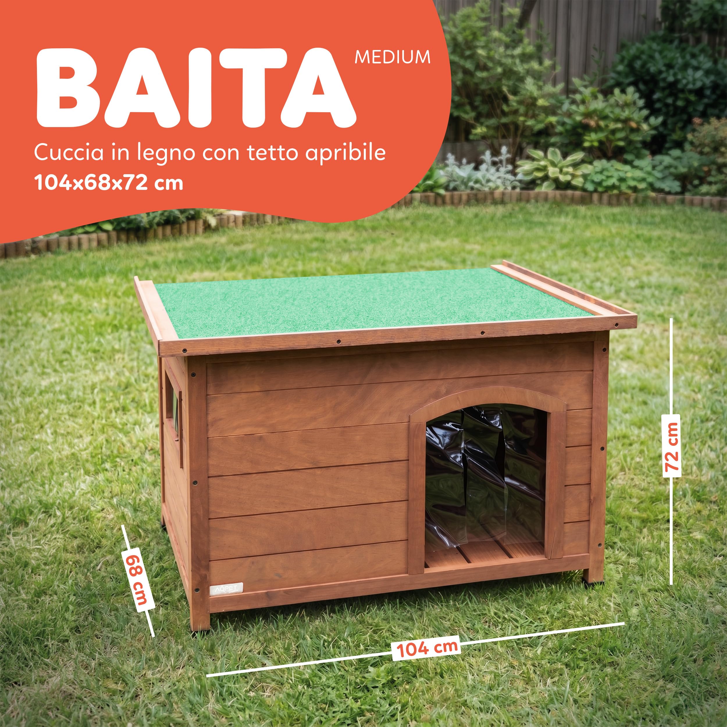 AqpetFriends Baita Cuccia in Legno da Esterno per Cani con Tetto Apribile e Tende Termiche incluse, Medium 104x68x75 h