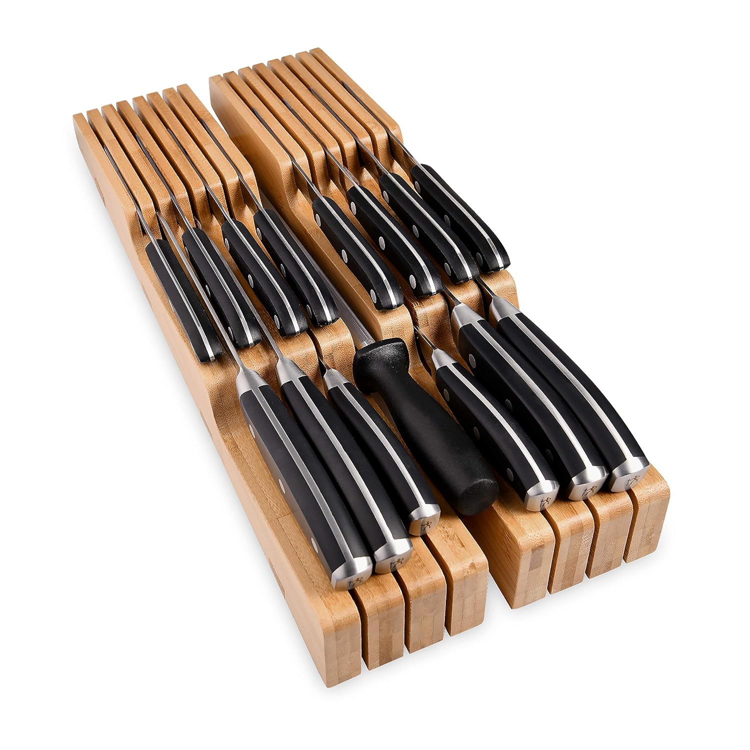 Homemaid Living In Drawer Knife Block Bamboo Holds 14 Knives Knife Sharpener Slot Knife Organizer for Kitchen Drawer