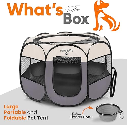 Miniatura 7 de SereneLife Corralito de 8 paneles para perros y gatos con cuenco de comidaagua, parque de juegos de malla para cachorros, casa de mascotas en