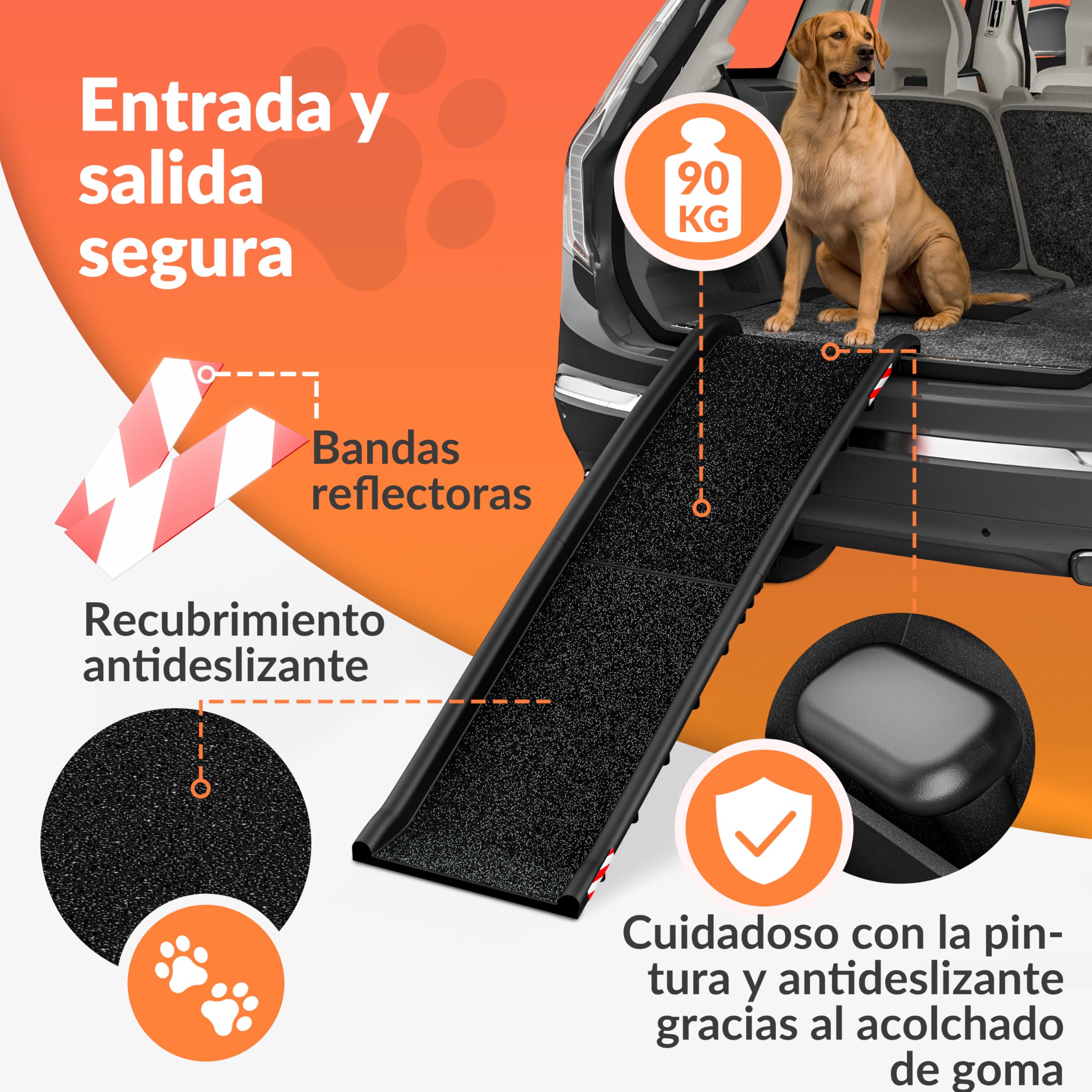CADOCA® Rampa para Perros, Escaleras Mascotas, Ayuda Coche SUV Maleteros Cama, Rampas Portatiles Escalones Plegable, Capacidad 90 KG,156x40cm Ligera, Antideslizante
