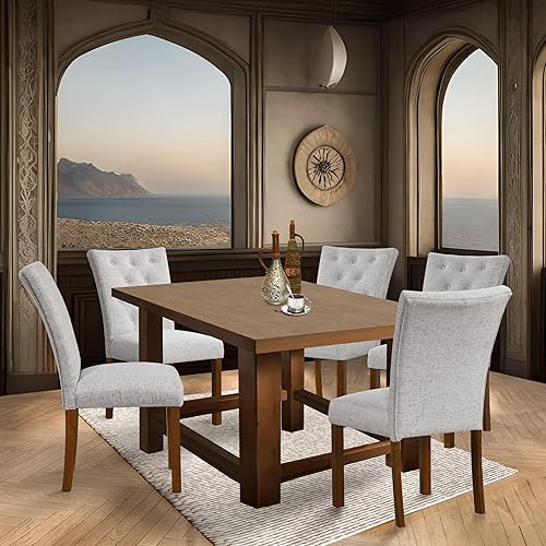 Miniatura 2 de HomePop Sillas de comedor de tela copetuda con botones, tejido sólido con textura neutra (juego de 2)