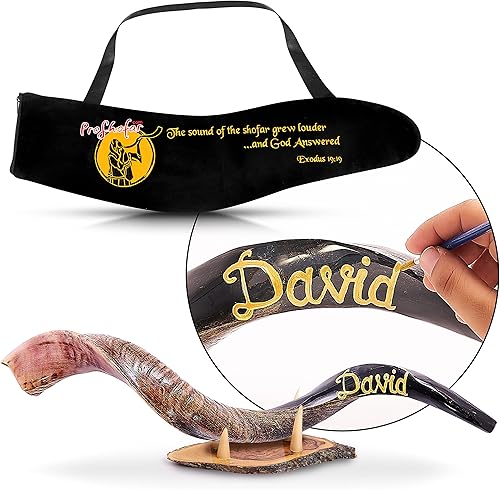 Nombre personalizado, Shofar de cuerno Kudu prémium de Israel, juego medio pulido (bolsa de terciopelo, espray neutralizador de olores y cepillo de
