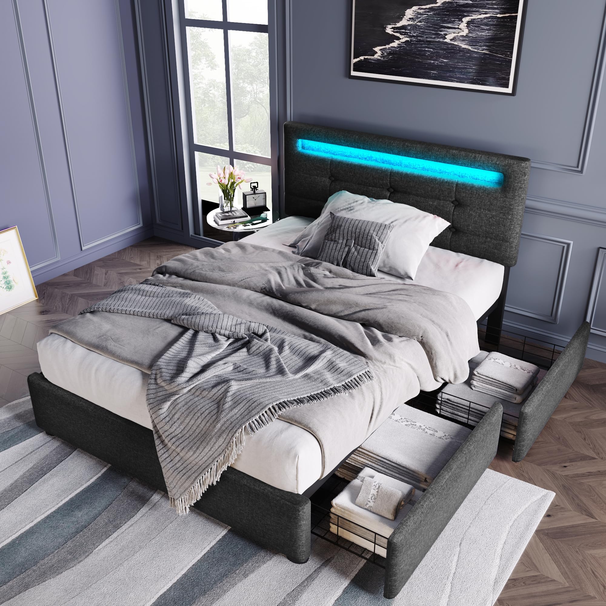 Lit 90x200 Avec 2 Tiroirs De Rangement, Lit En Bois Avec Tete De Lit Et