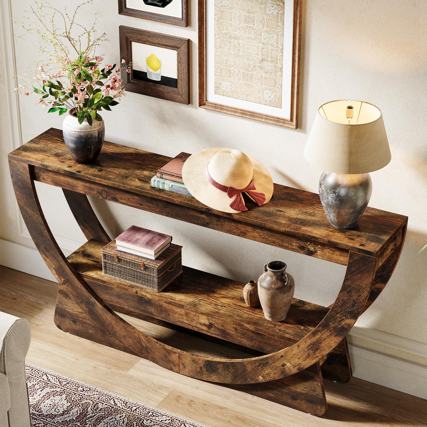 Tribesigns Table Console 160 cm, Industrielle Table d'entrée à Deux Fermier avec étagères de Rangement, Table d'appoint en Bois pour Couloir, Salon, entrée, Hall (Brun foncé)