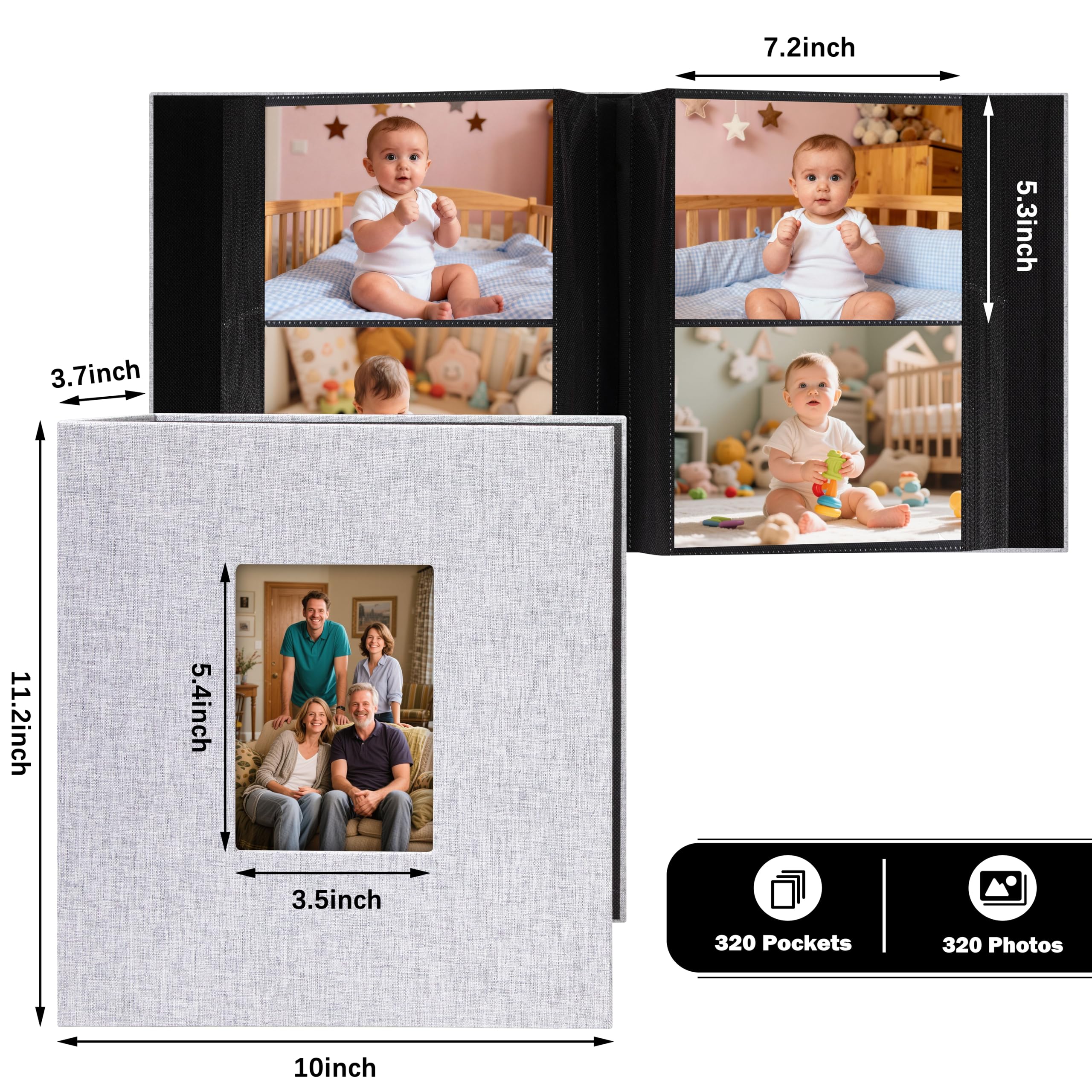 Aevdor Álbum de fotos de 320 bolsillos de 5 x 7 pulgadas, capacidad extragrande, cubierta de lino, álbumes de fotos familiares de boda, con capacidad para 320 fotos, libro de álbumes para bebés