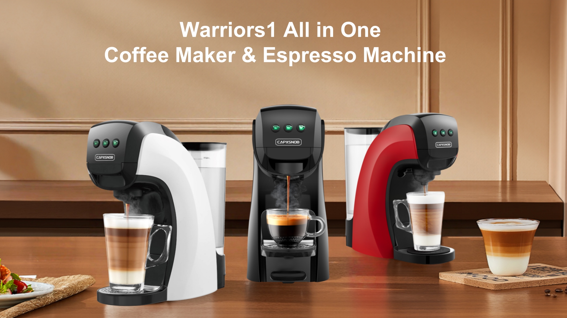 Warriors1 5-in-1 Kapselmaschine für Nespresso Original, Dolce Gusto, Lavazza A Modo Mio Kapsel, Espresso Point und Kaffeepulver, 20 bars, 0,8 L, Automatische Mini Kaffeemaschine für Zuhause und Büro