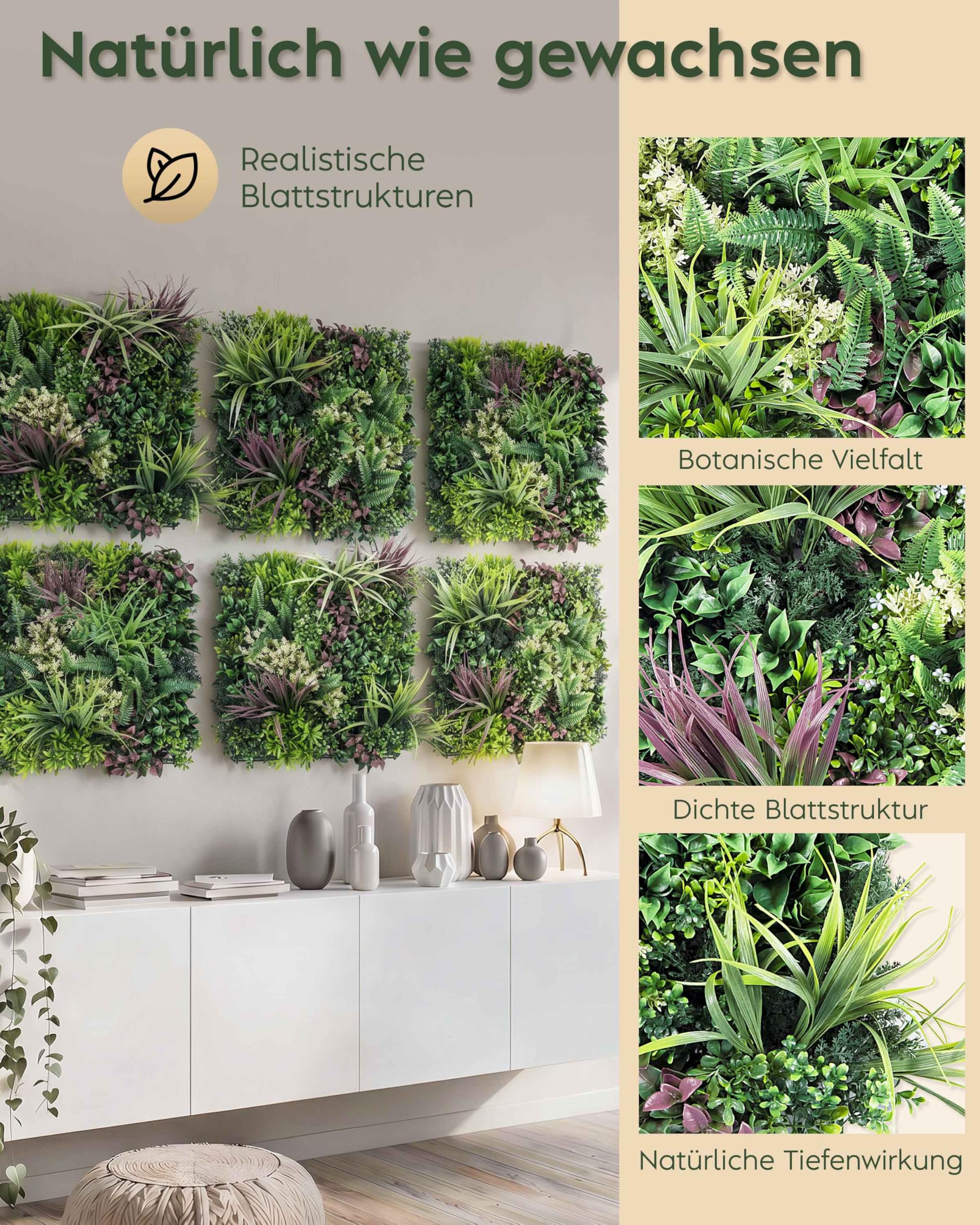 JELLE & JACOB Künstliche Pflanzenwand Indoor & Outdoor, Blumenwand Urban Jungle, 6er Set je 50x50 cm, pflegeleicht & langlebig - für Wohlfühl-Atmosphäre, Kunstpflanzen Wand, Green Wall, Pflanzen Wand