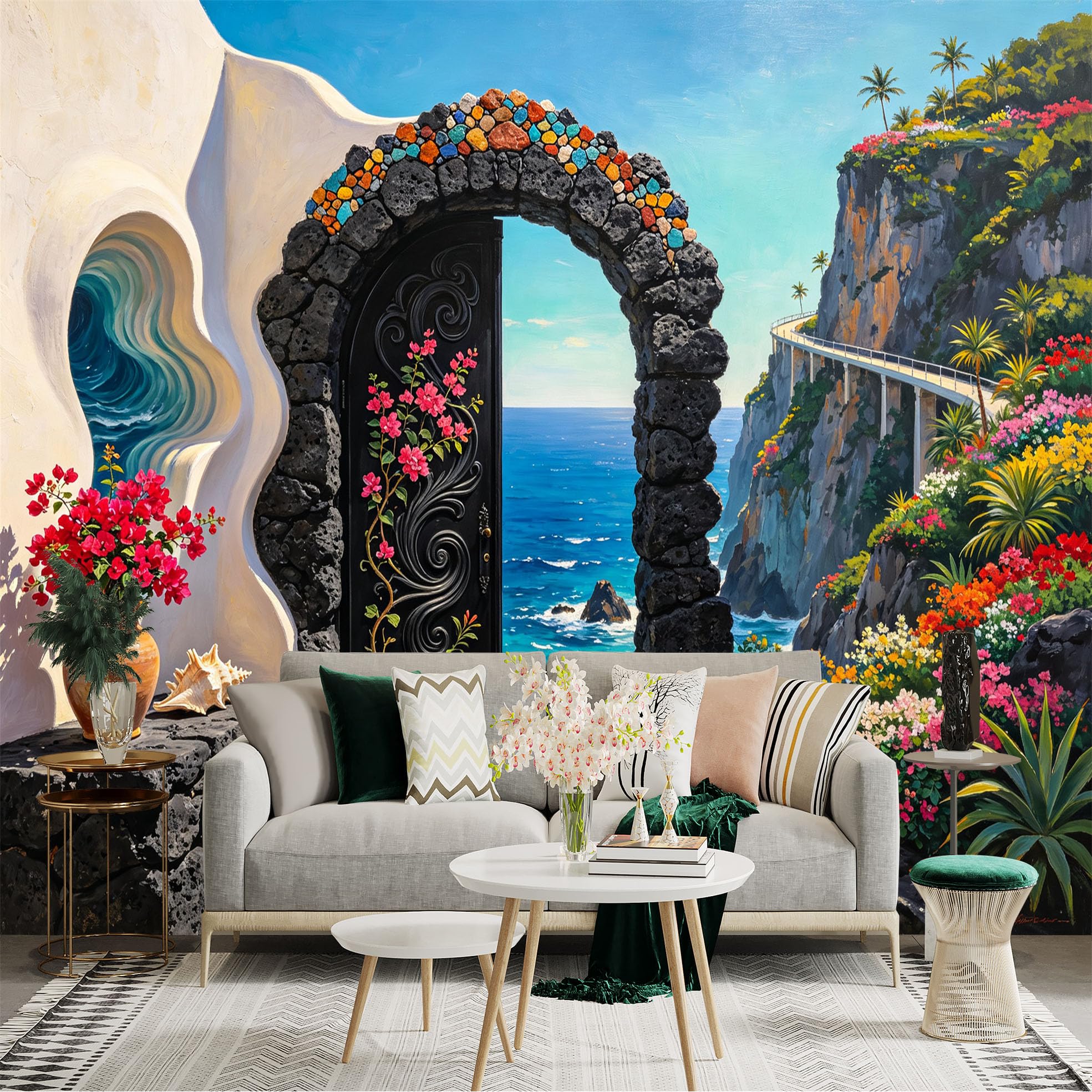 Custom Size Wall Sticker Mural， Coastal Archway Ocean View， Tropical Cliff Flowers， Seaside Pathway， for wall Decoration， peelandstick wall Decals.