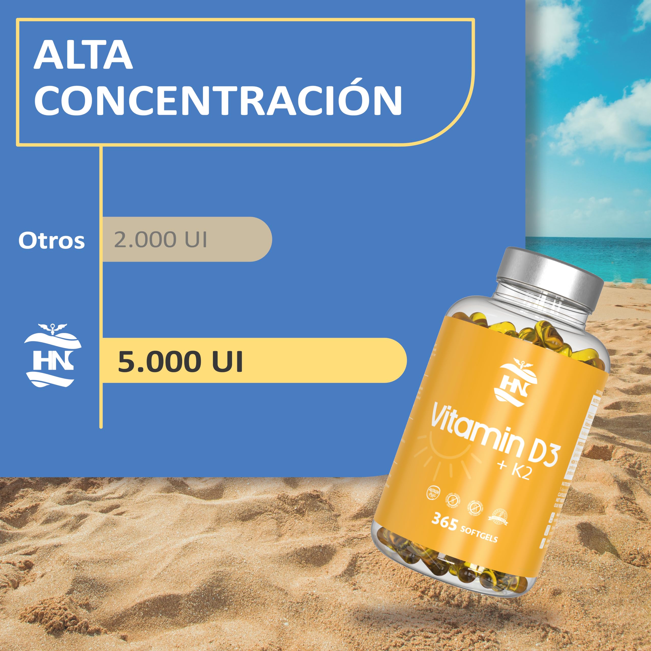 Vitamina D - 365 Cápsulas de vitamina D3 K2 – Vitamina D (5000 UI) altamente concentrada. Favorece la función inmunológica y ósea - 1095 cápsulas (3 botes)