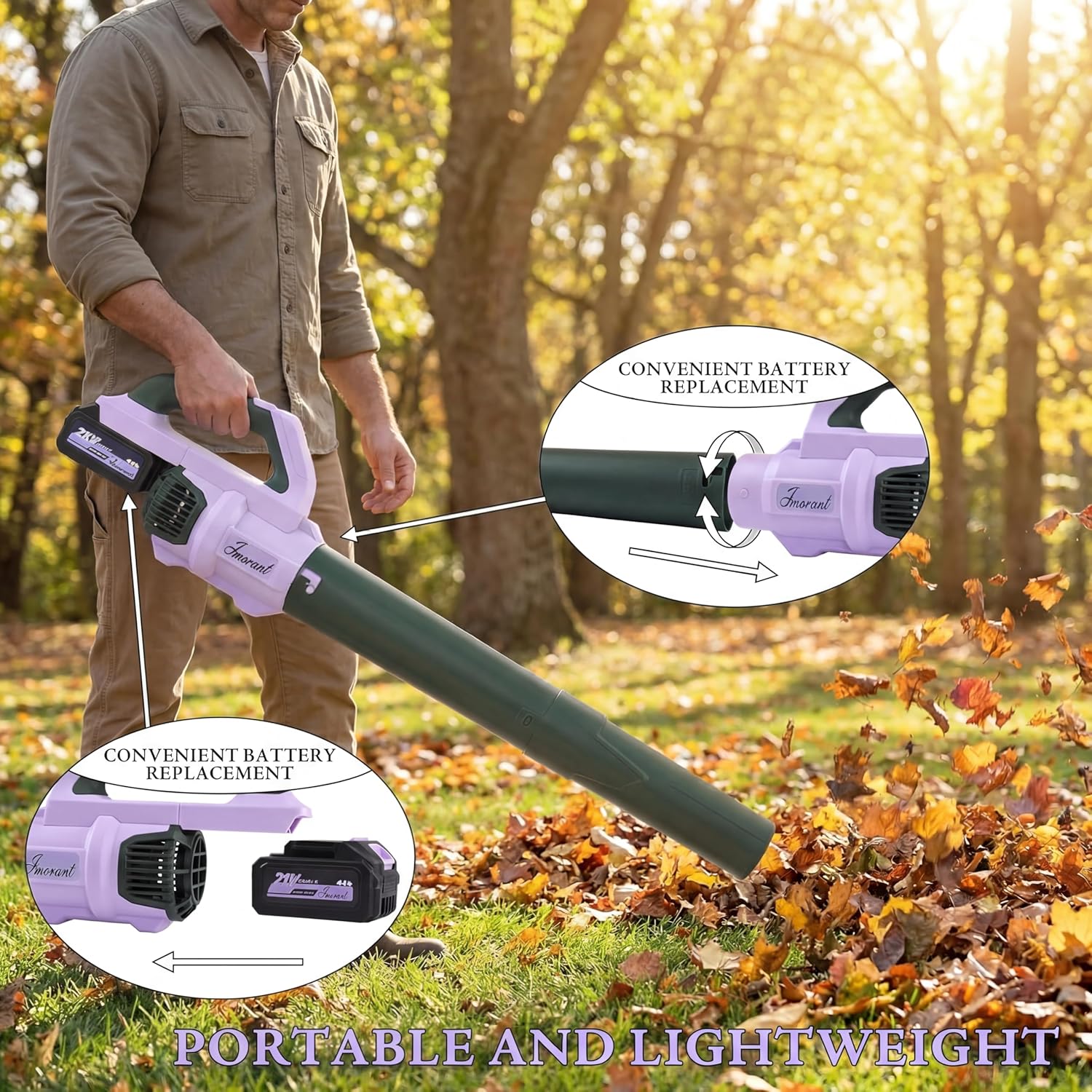 Leaf Blower Cordless with Battery and Charger, 500 CFM/200 MPH, Electric Leaf Blowers with 2 Speeds, 2 Extended Tubes,1 x 2.0 Ah Battery-Powered Leaf Blowers for Lawn Care Blowing Leaves Yard(Purple)