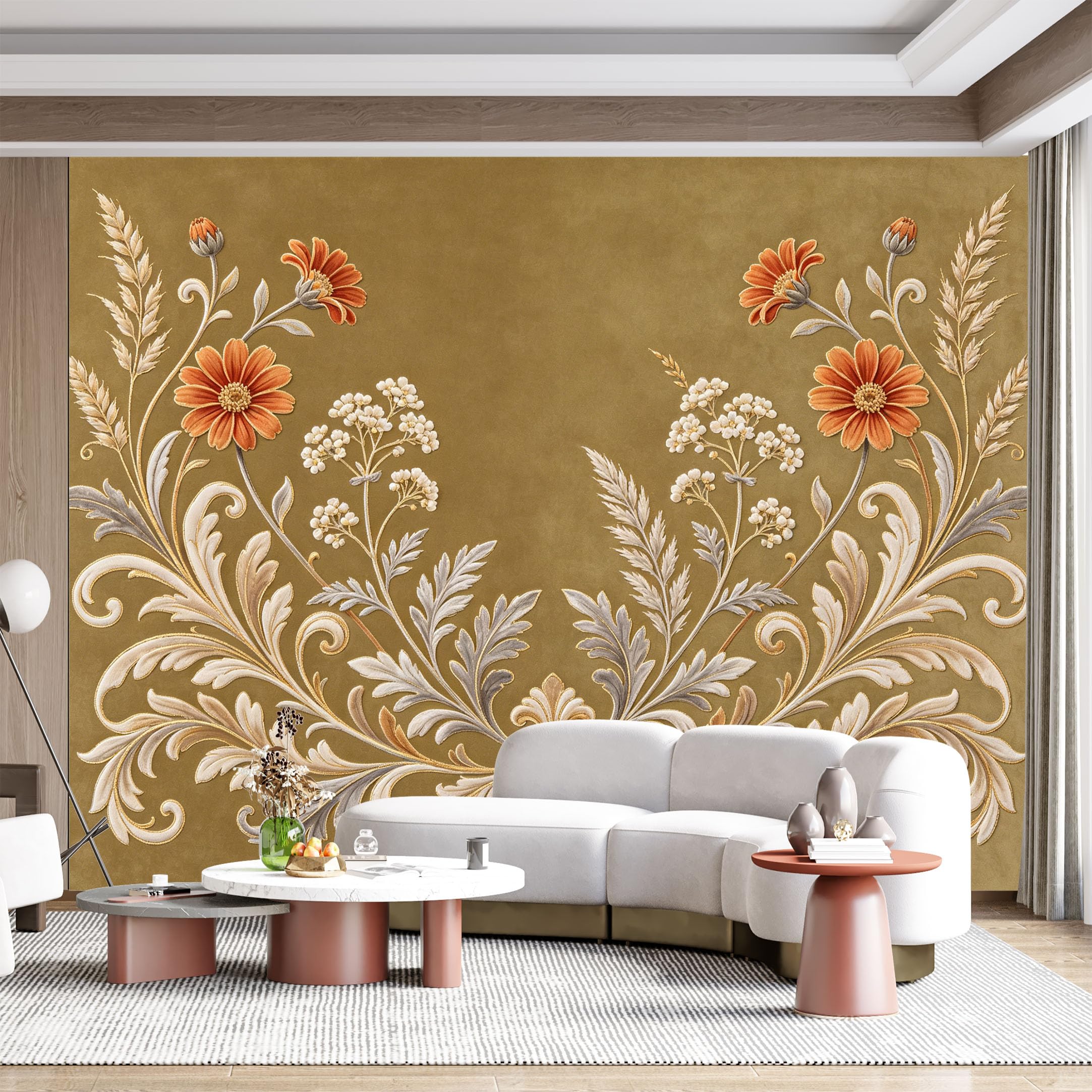 Custom Size Wall Mural Botanical Floral Ornament Baroque Scrollwork SelfAdhesive Wall Fabric Removable for Home Office Decor