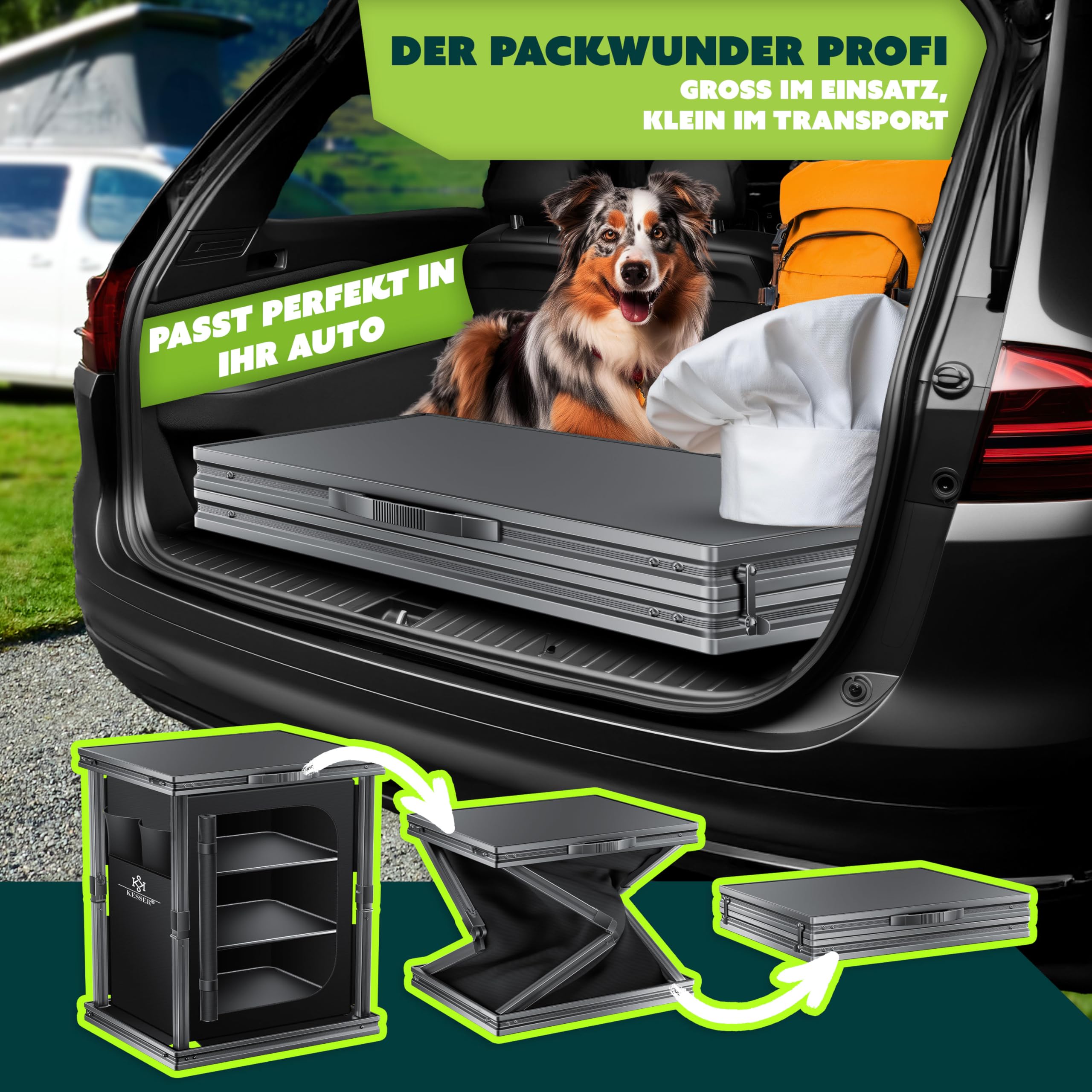 KESSER® Camping Küche faltbar | Outdoor Campingschrank 60x80cm | Küchenschrank mit Aluminiumgestell, 3 Fächer inkl. Seitentaschen & Fliegengitter | Campingküche aus UV-resistentem Stoff