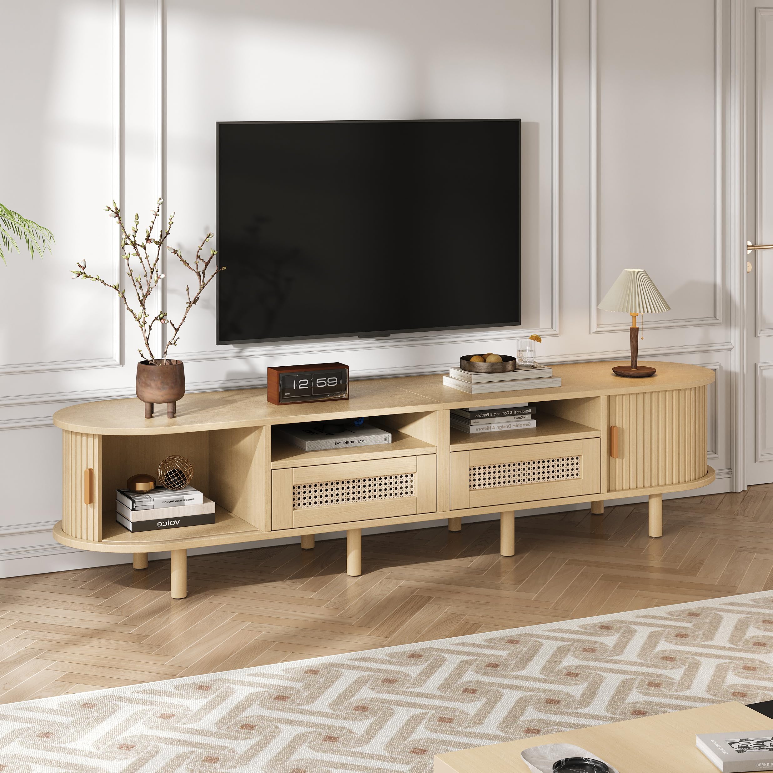 Generisch Owalny stojak pod telewizor 170 cm z 2 szufladami rattanowymi, do 70 cali