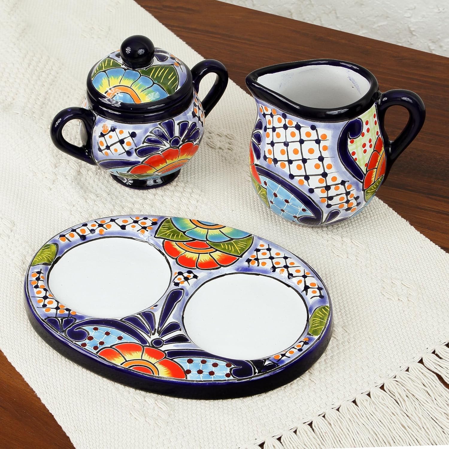 NOVICA Artisan Handmade Ceramic Creamer Sugar Bowl Set Talavera 3 Pieces Multicolor Mexico Tableware Serveware Coffee Tea Service Hacienda Nat Geo Decor [creamer 4.3in L x 4.2in W x 4.1in H 14 Oz. Su]