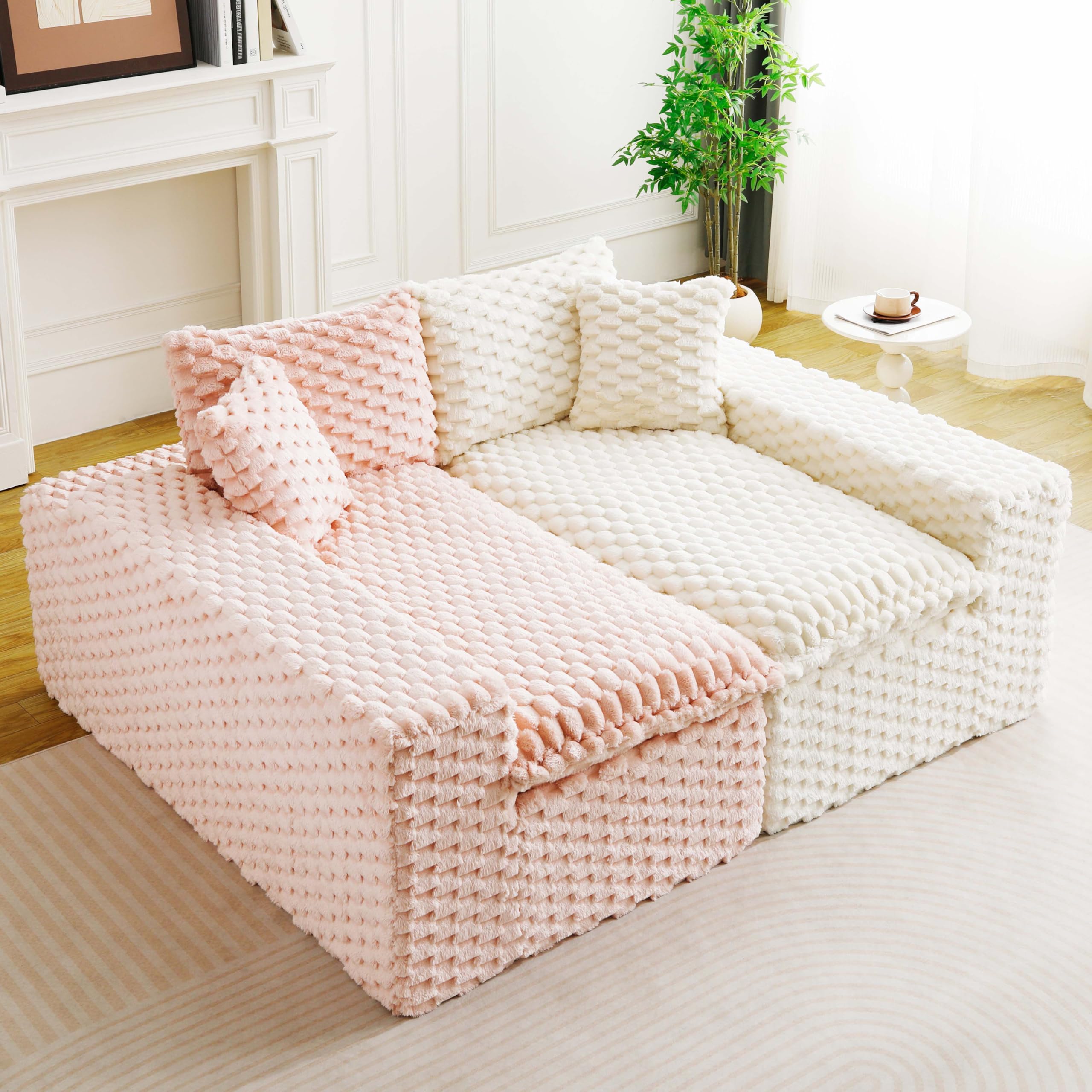 KEIKI 120" Modular Boneless Couch Full Chaise for Living Room, 4-Seater Sectional Couches for Living Room Furniture, Deep Seat Oversized Cloud Sofa for Home Office Furniture Pet Friendly, Pink White