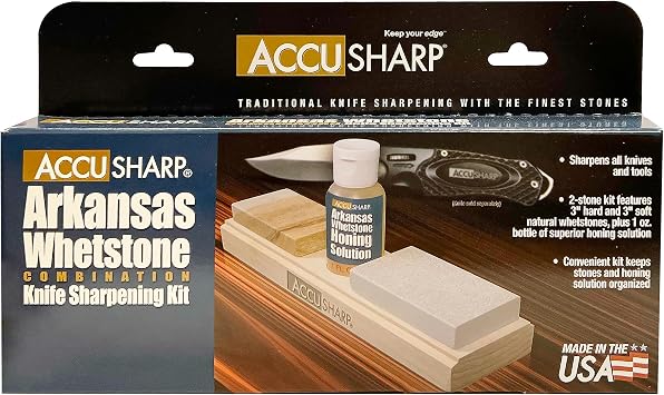 AccuSharp Arkansas 2 Whetstone Knife Sharpening Stones Set, 3 Fine & Medium Natural Whetstone w/ 1oz Honing Solution for Traditional, Coarse & Fine Sharpening