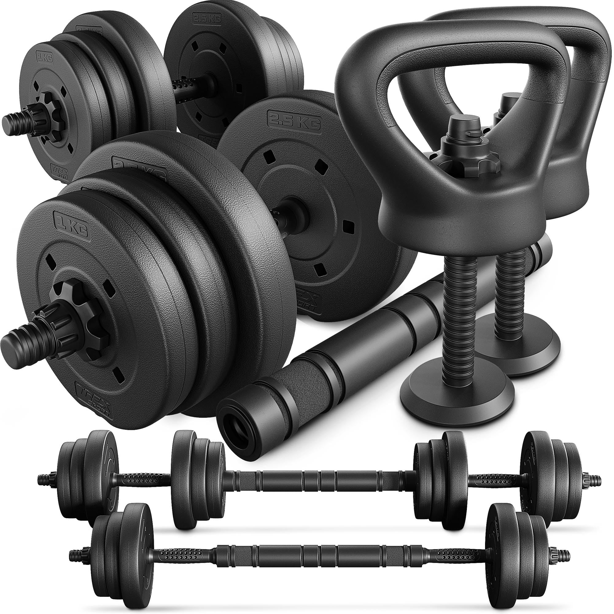 TREX SPORT Hanteln Set | 4in1 Set Kurzhanteln Langhantel, Liegestütze & Kettlebell | 20kg 40kg Hantelset Dumbbell Set mit Verbindungsrohr - 20kg (2x10kg)