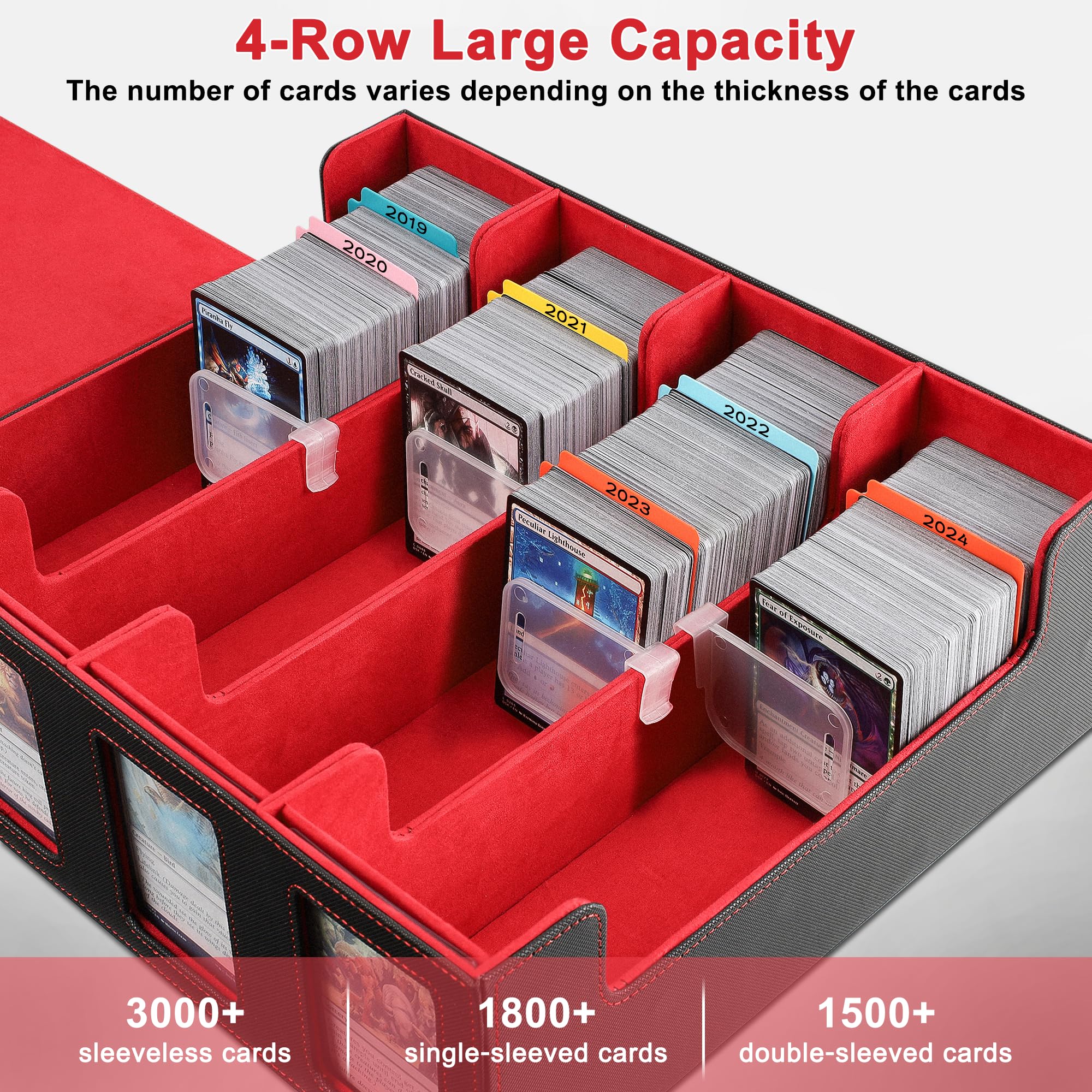 Card Deck Storage Box for Trading Cards 3000+MTG Deck Box with 24 Colorful Divider Tabs 4 Divider and Dice Box, Card Supporters PU Leather Trading Card Storage with 4 Viewing Windows (RED&BLACK)