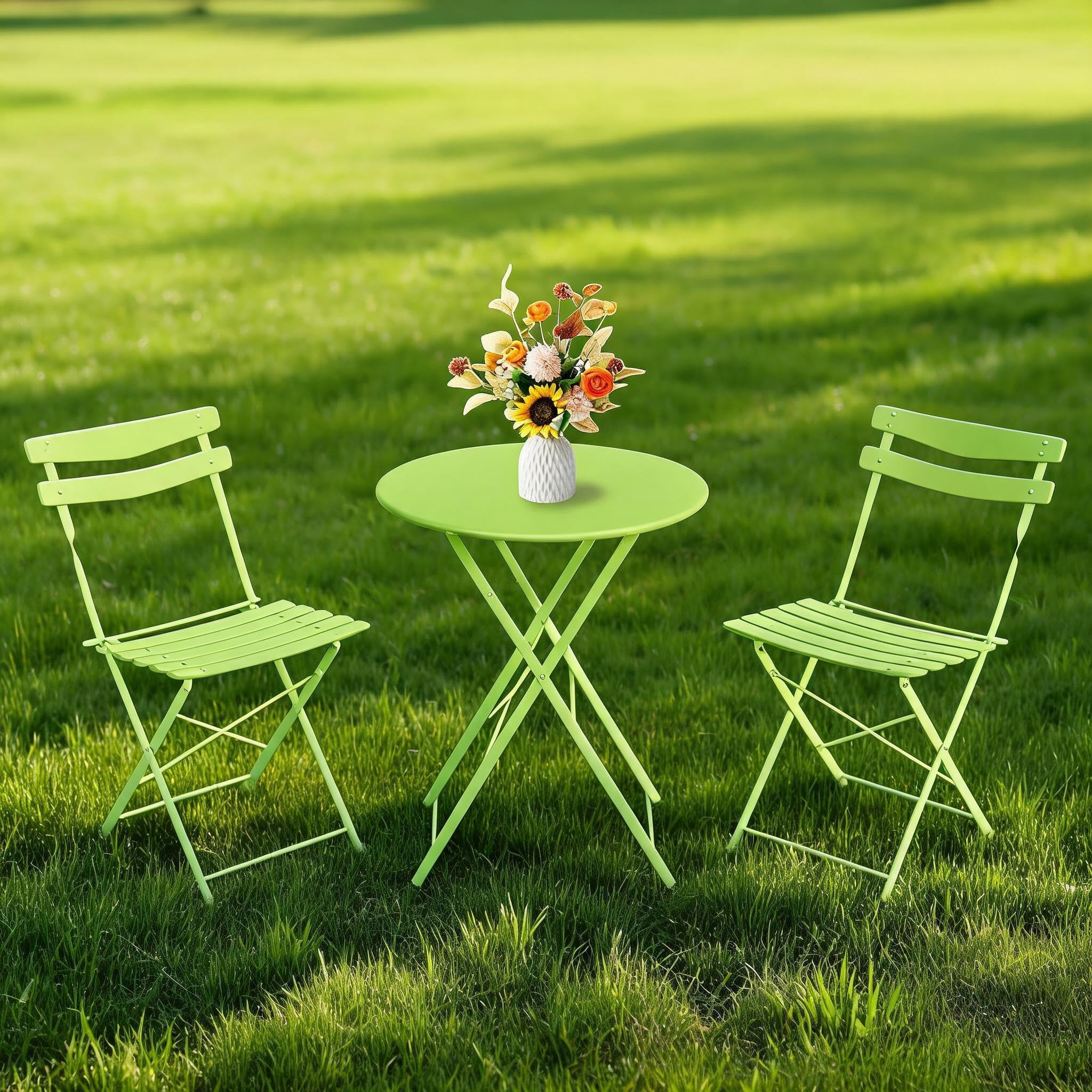 GarveeMore 3-Piece Metal Garden Bistro Set, Folding Patio Table & Chairs for Balcony, New Grass Green