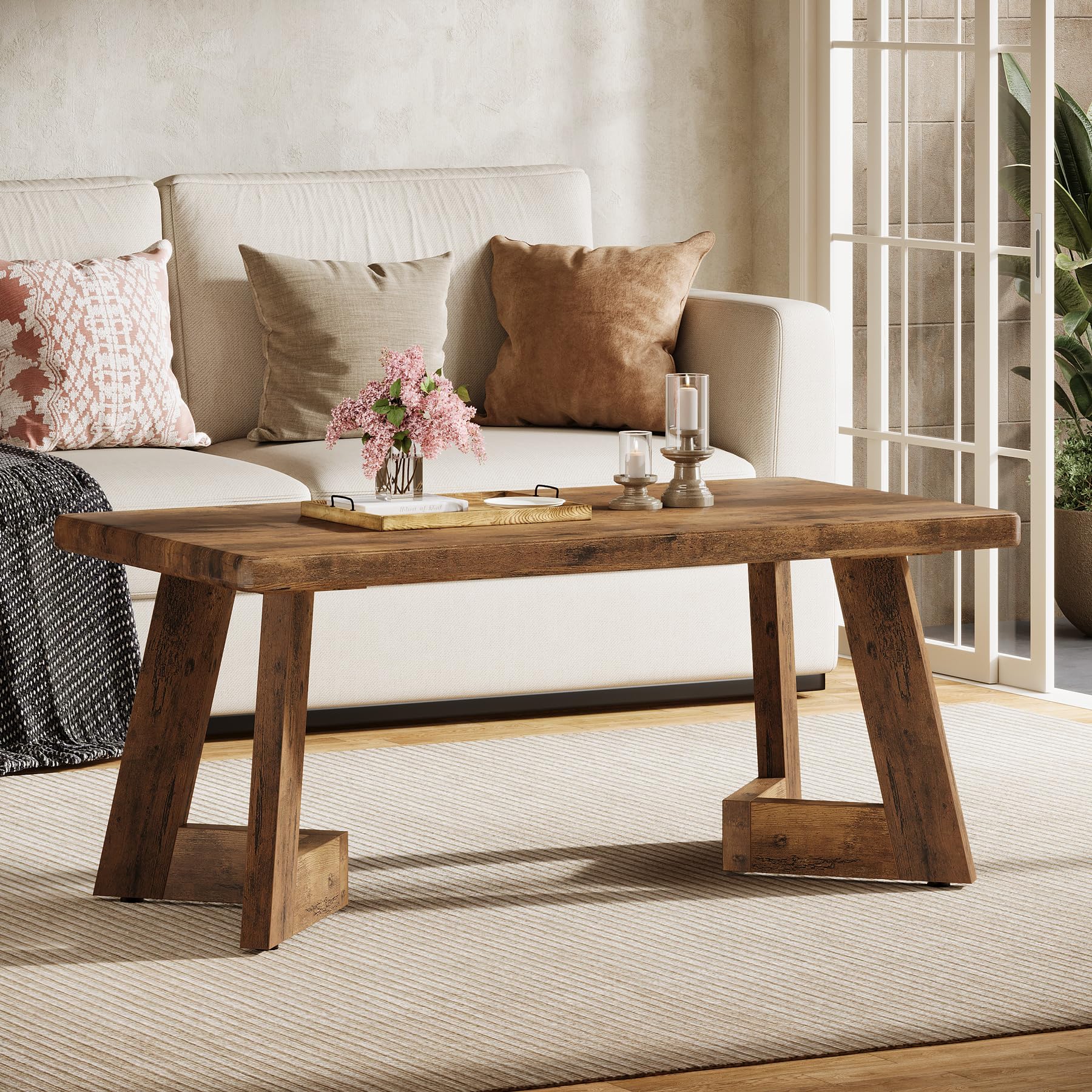 Tribesigns Tavolino da Salotto, Tavolino da Caffè in Stile Country con Gambe a V, 120 x 60 cm Tavolo da Divano Rettangolare per Soggiorno, Facile da Montare, Marrone Rustico