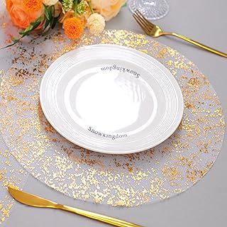 Snowkingdom Gold Placemats Set of 50, Golden Metallic Glitter Sheer Gauze Round 13 Inch Disposable Doilies Charger Place Mats, Dinning Table Mats for Party Wedding Birthday Christmas Holiday