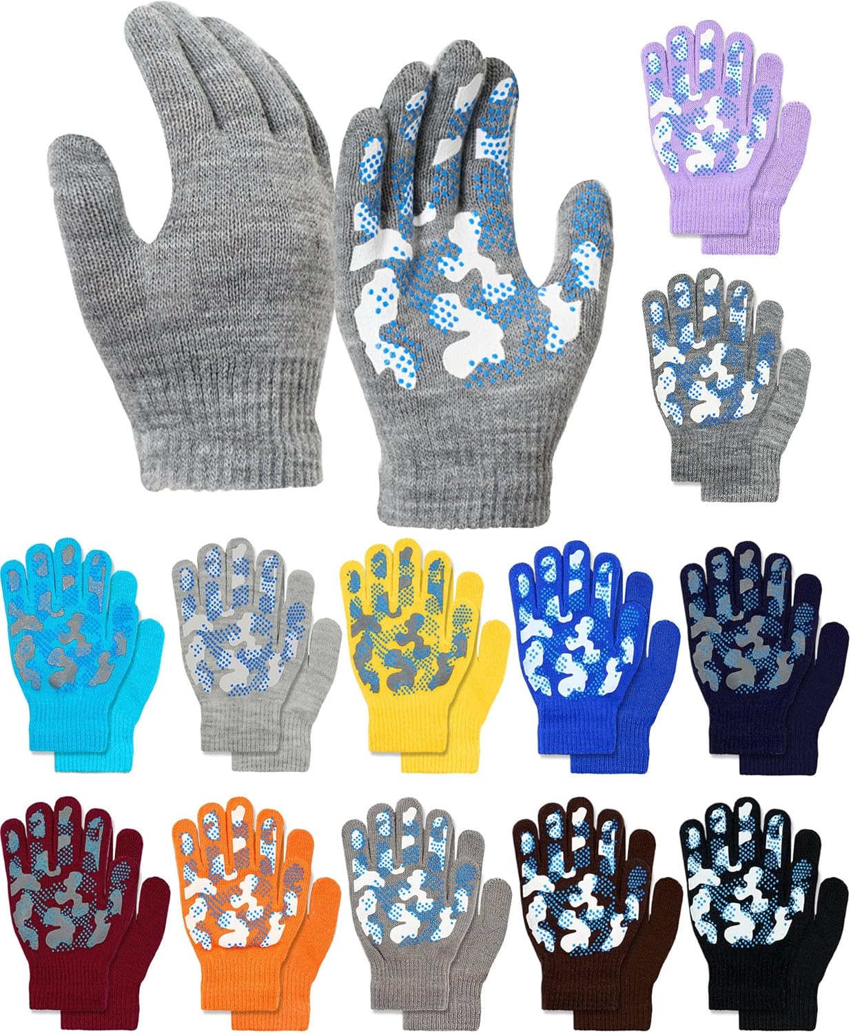 Coume 12 Pairs Kids Winter Gloves for Boys Girls Anti-Slip Knit Stretch Colorful Toddler Warm Gloves for Cold Weather