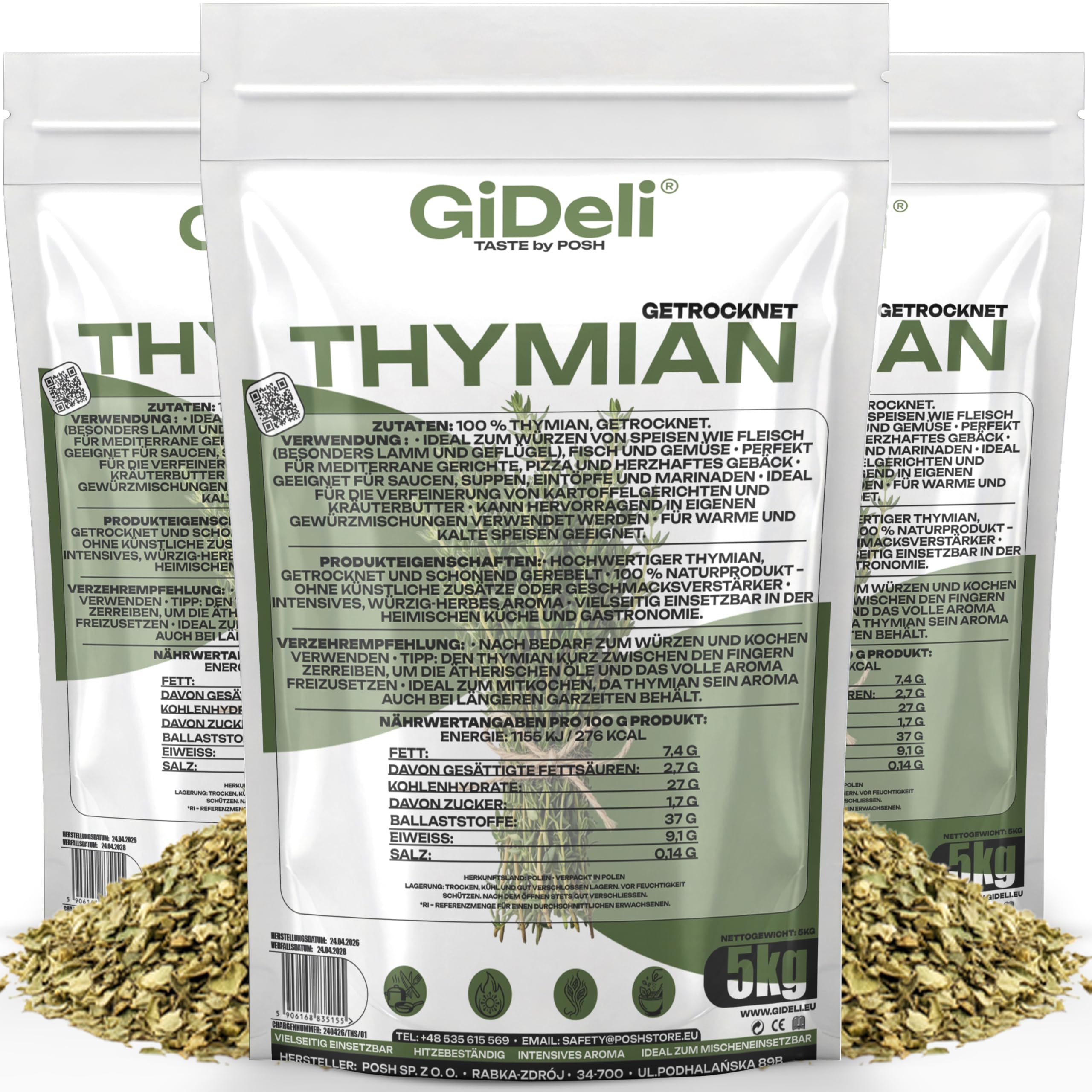 GiDeli Thymian Getrocknet 3x5kg - 100% Naturprodukt ohne Zusätze - Schonend Gerebelt mit Intensivem Aroma - Hitzebeständig zum Mitkochen - Ideal für Fleisch, Pizza, Suppen & Mediterrane Gerichte