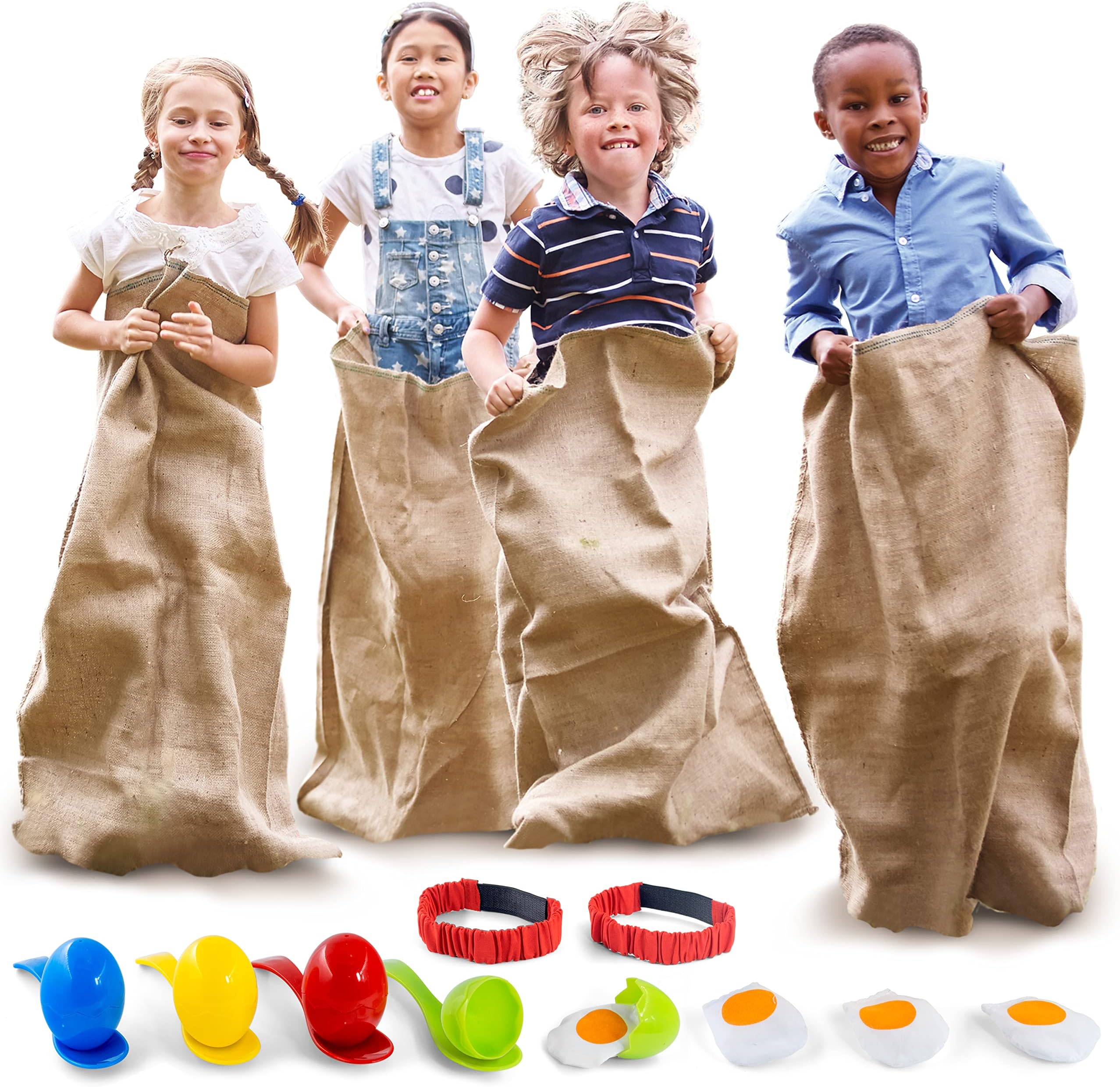Shop Square Outdoor Field Day Games, Potato Sack Race Bags for Kids and Adults, Egg and Spoon Race, 3 Legged Race Bands - with Storage Bag